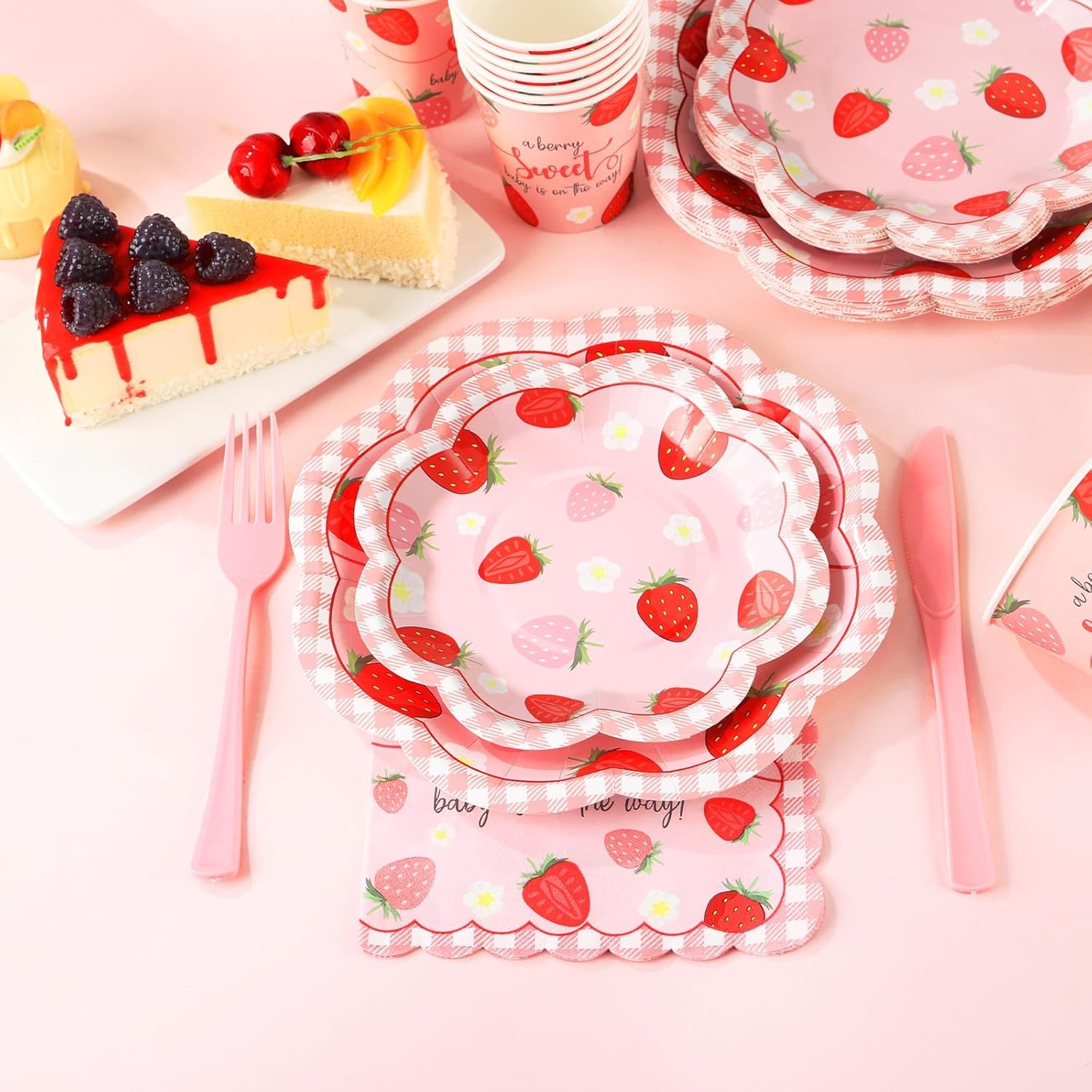 Strawberry Baby Shower Decorations for Girl, Baby Shower Plates and Cups and Napkins Sets Serves 50, Strawberry Plates, A Berry Sweet baby Is On The Way Decorations, Berry Sweet baby shower