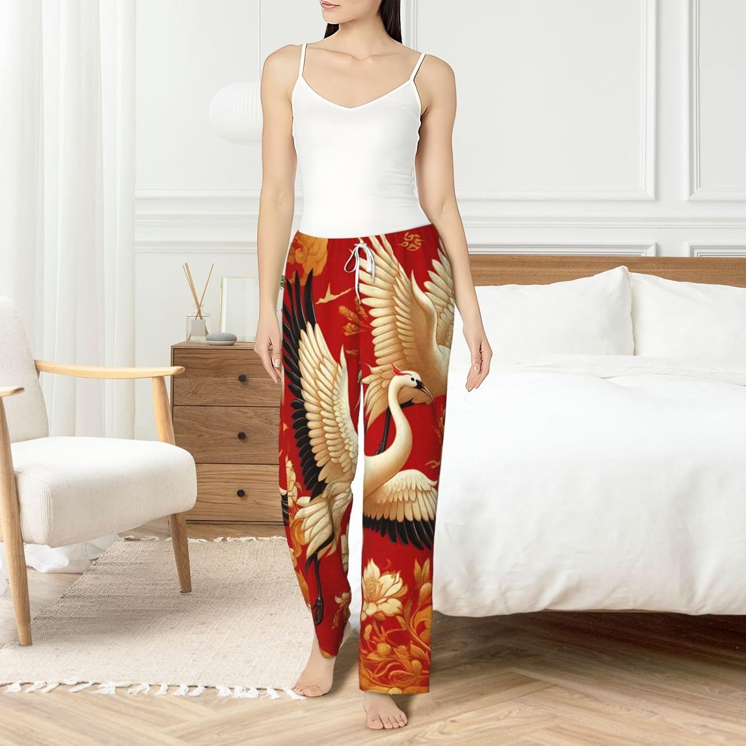Women'S Chinese-Cranes-Peonies-Longevity Fleece Pajama Pants, Cozy Flannel Lounge Bottoms For Women