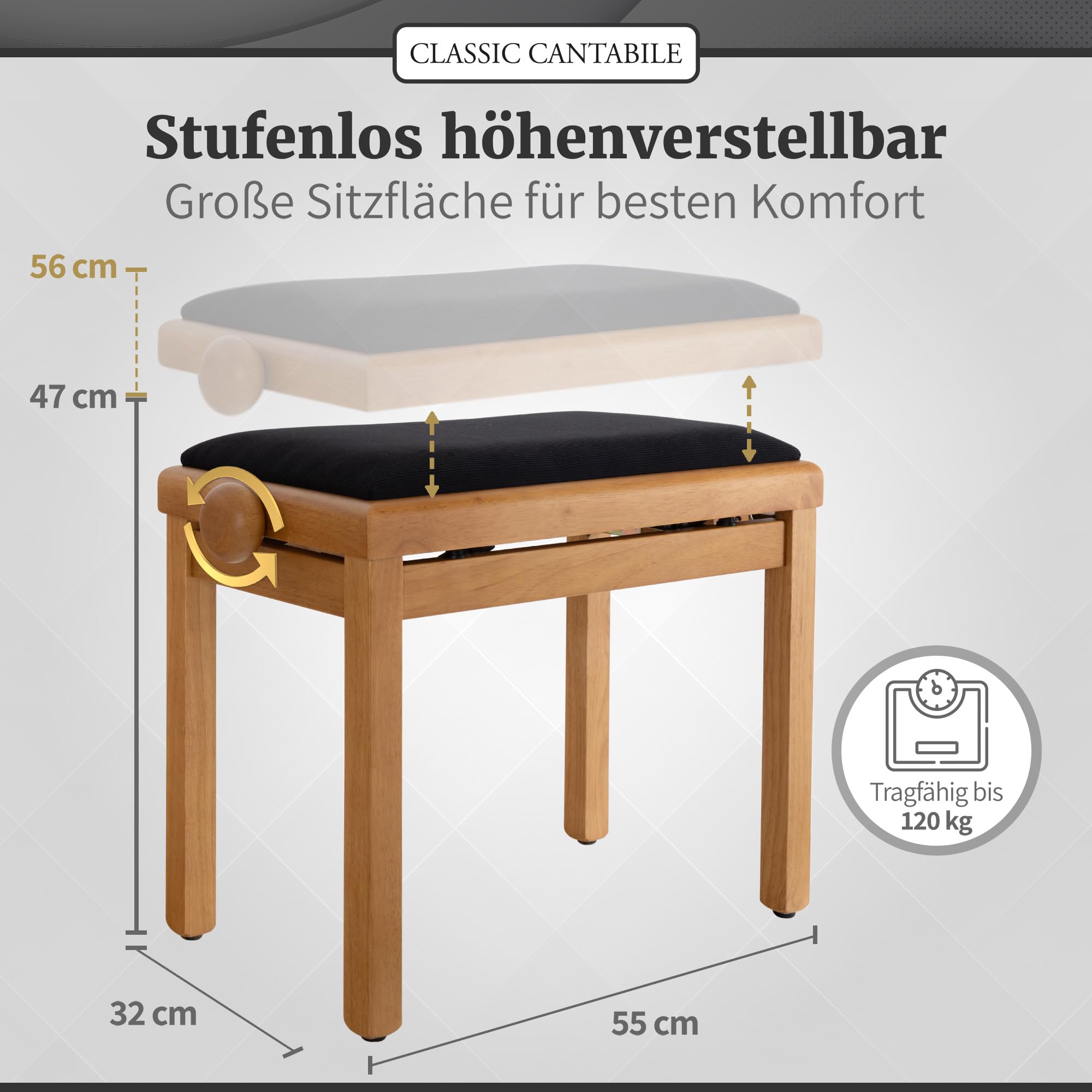 Classic Cantabile Pianobank Eiche-matt (Höhenverstellbar von 47-56cm, Spindelmechanik, Sitzfläche 55 x 32cm, schwarzer Velourbezug, stabil)