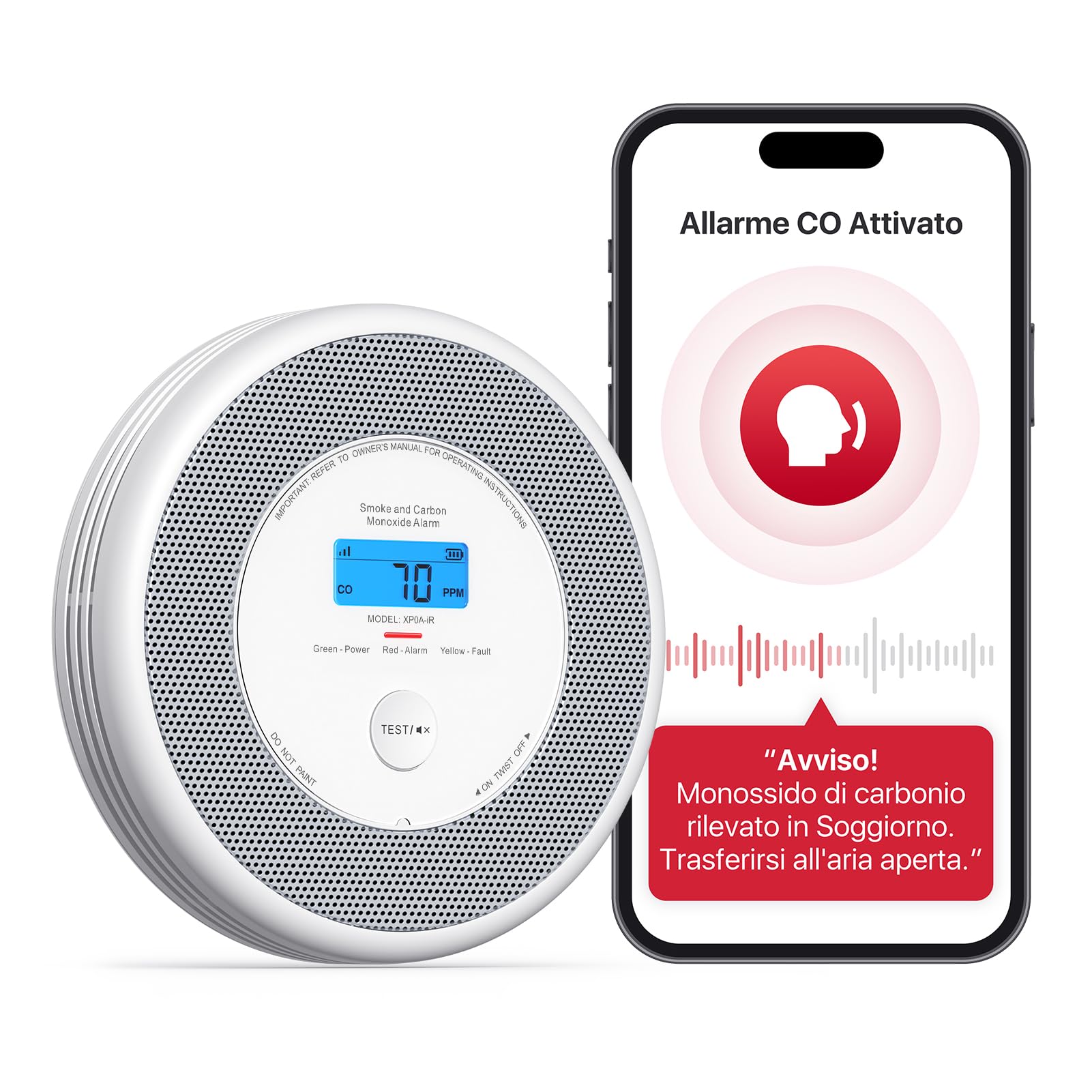 X-Sense détecteur de fumée et de monoxyde de Carbone, Alerte vocale et localisation (Langue Italienne Uniquement), XP0A-iR, Lot de 1