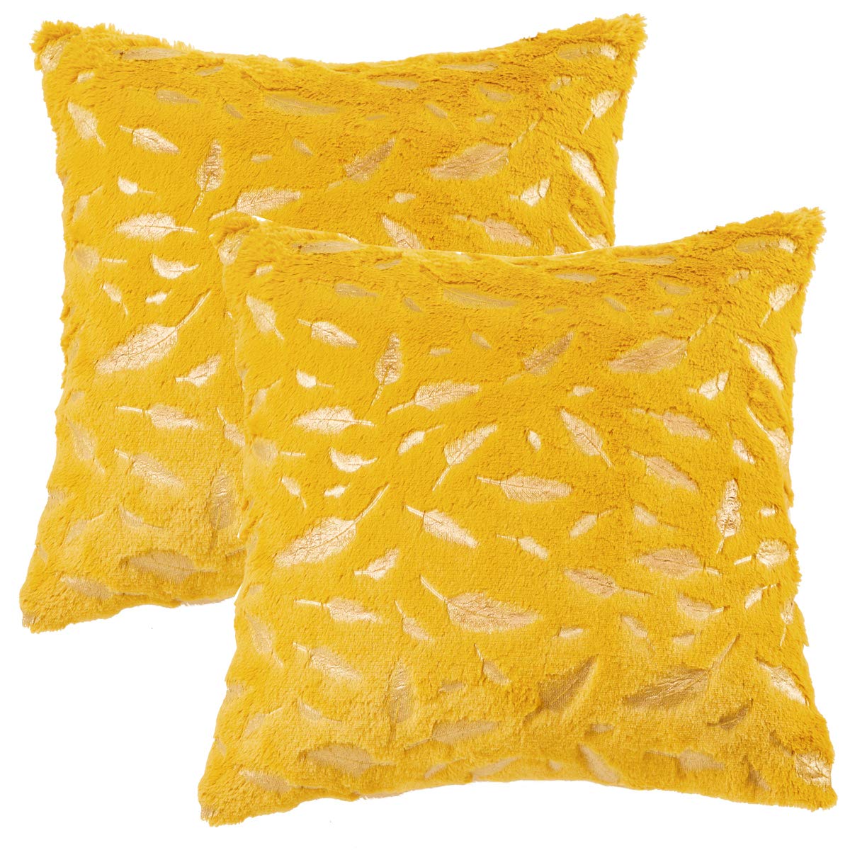 OMMATO Throw Pillows Covers 18 x 18,Set of 2 Yellow Fur with Gold Leaves Soft Throw Pillows for Couch Bed,Accent Home Decorative Square Cushions Cases