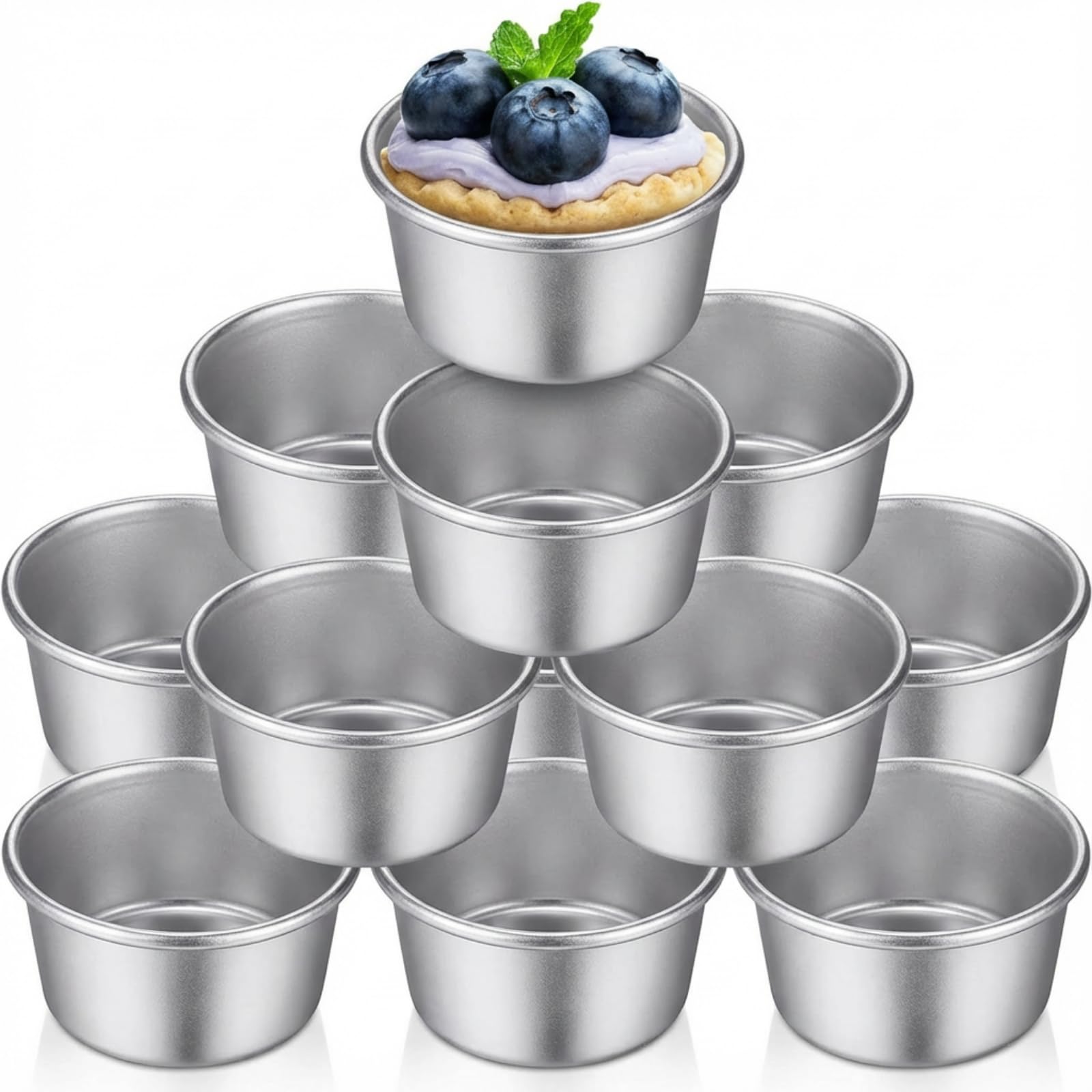 10 Pieces Individual Flan Molds Egg Tart Molds Pudding Cups Mini Chocolate Molten Pans Carbon Steel Cupcake Cake Cookie Flan Mold, Round Nonstick Popover Bakeware Tumblers(2.6 x 2 x 1.3 Inch)