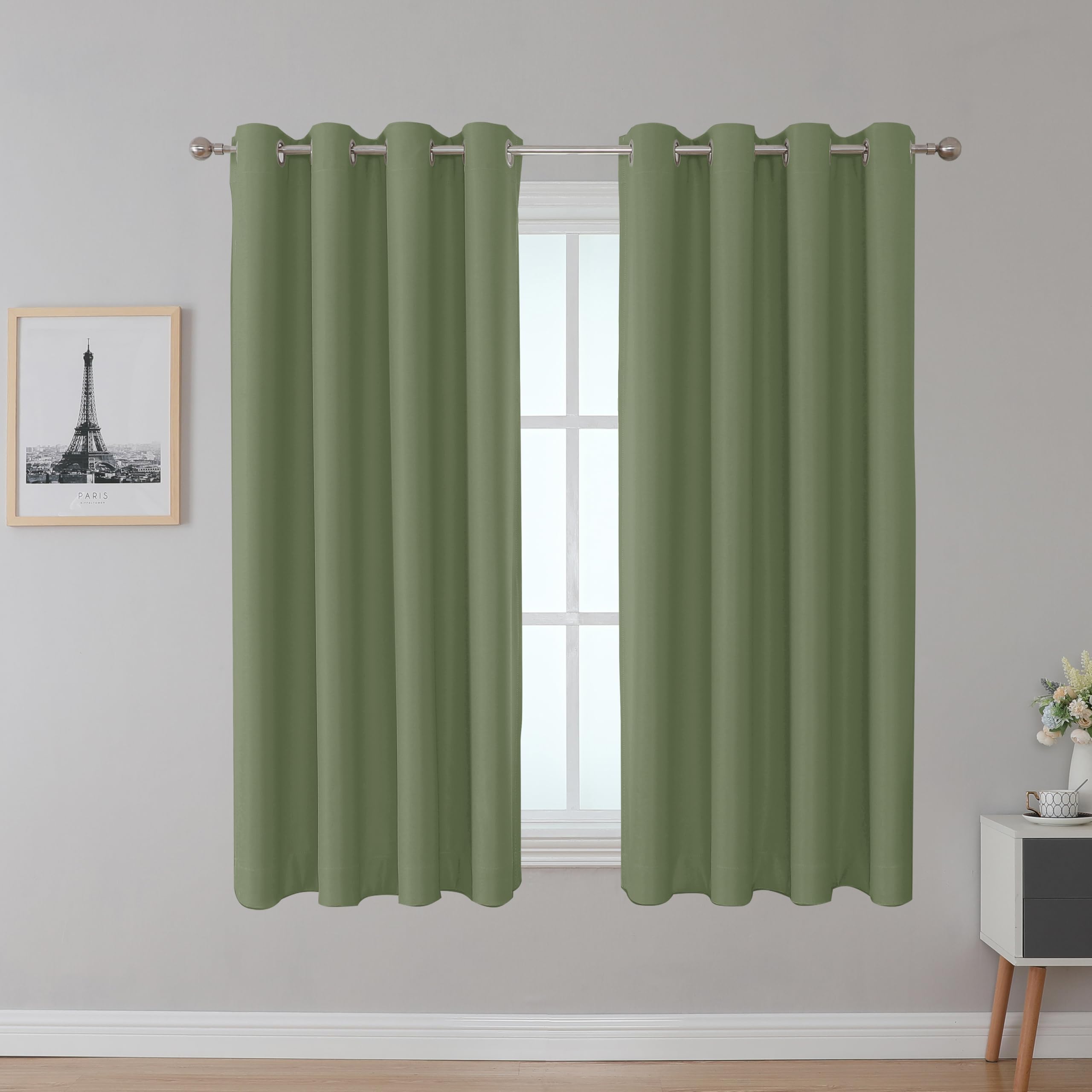 Upcortinassi Fire Resistant Curtains - SGS & NFPA 701, Grommet Top 2 Panels Sage Room Darkening for School/Nursing Home, 52x63 Inch