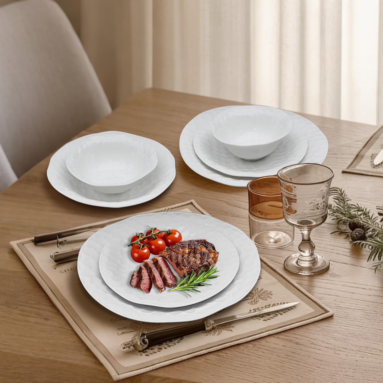 Geschirrset 24-teilig für 6 Personen, Porzellan,Gitterförmig | Dinner set, Tafelservice, Je 6 Speiseteller, Dessertteller, Müslischalen, Salatschüssel, Teller set, Kombiservice 6 personen