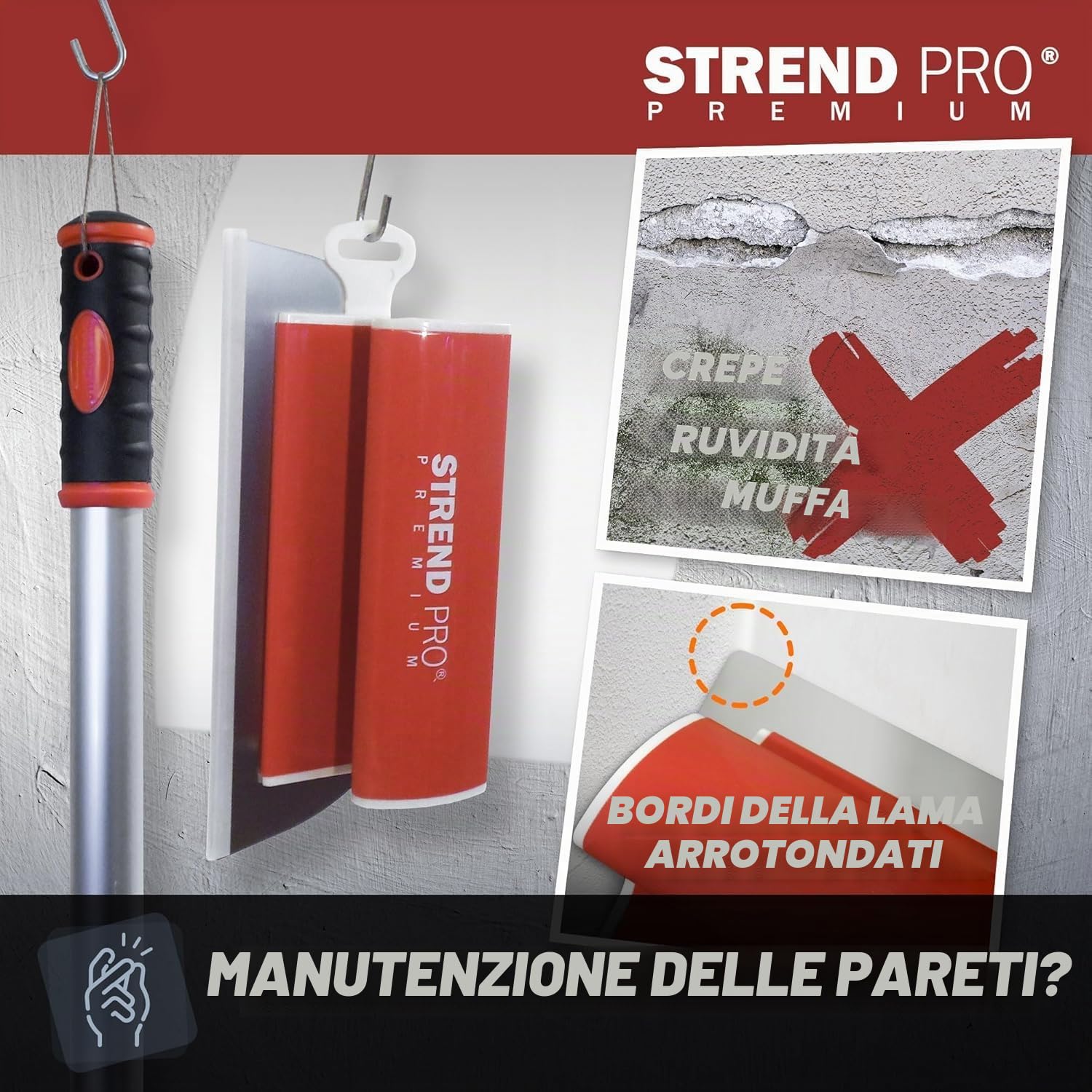 STREND PRO Set di Spatole per Stucco PREMIUM V2 | incl. 1000 mm, 800 mm, 600 mm, 400 mm, 250 mm, Manico Telescopico, Custodia | PROFI Set con Impugnatura a Z per per Muro a Secco e Stucchi