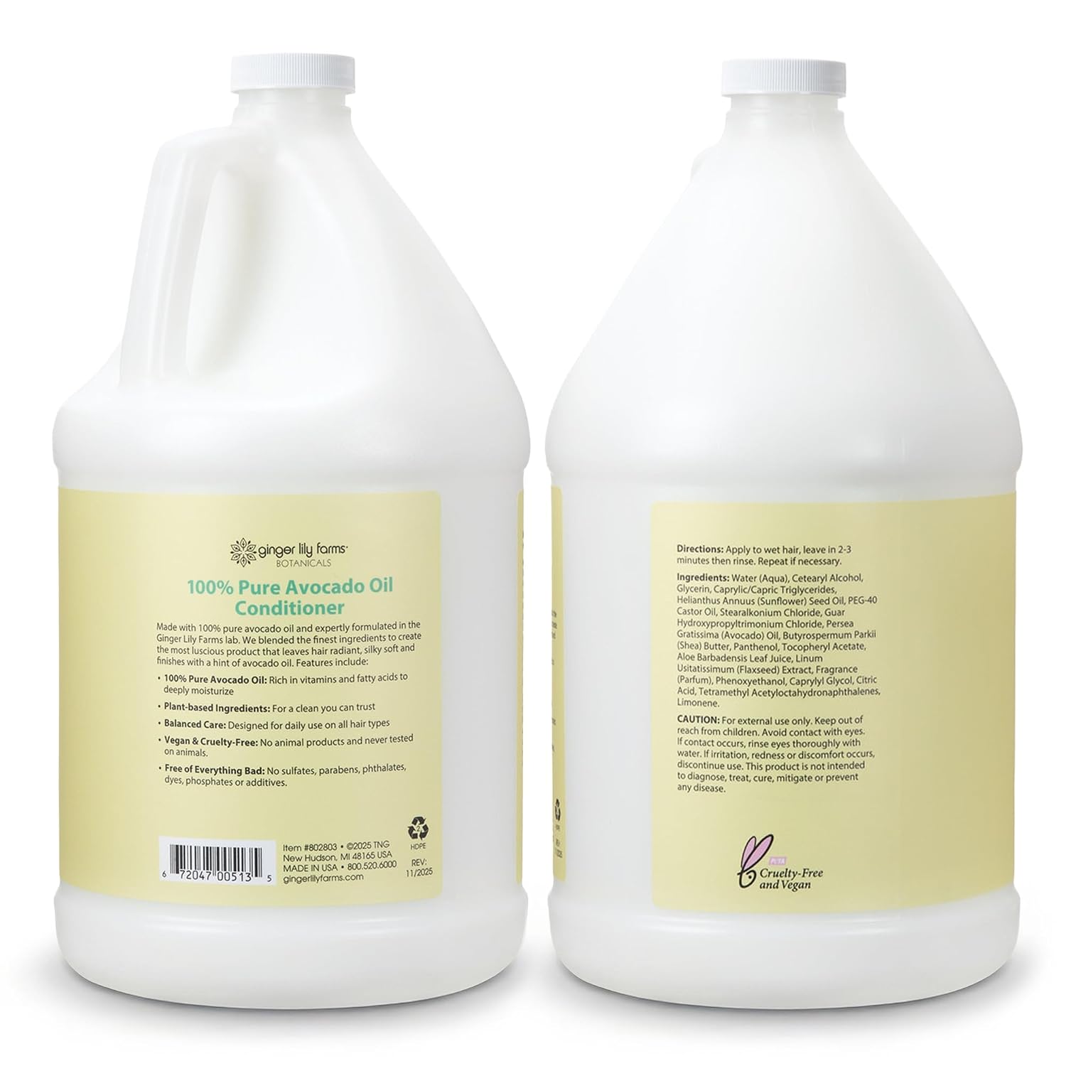 Ginger Lily Farms Botanicals 100% Pure Avocado Oil Conditioner for All Hair Types, 100% Vegan & Cruelty-Free, 1 Gallon (128 Fl Oz) Refill