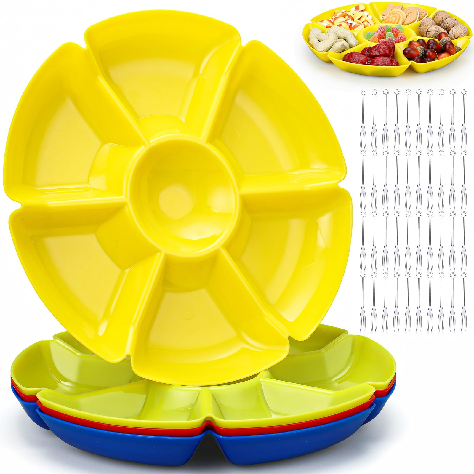 Zhehao 4 Pcs Sectional Round Plastic Serving Tray Platters Party Divided Tray with Disposable Fork, 10.6 Inch 7 Section Snack Platter Food Tray Nut Candy Veggie Fruit Dish Platter (Bright Color)