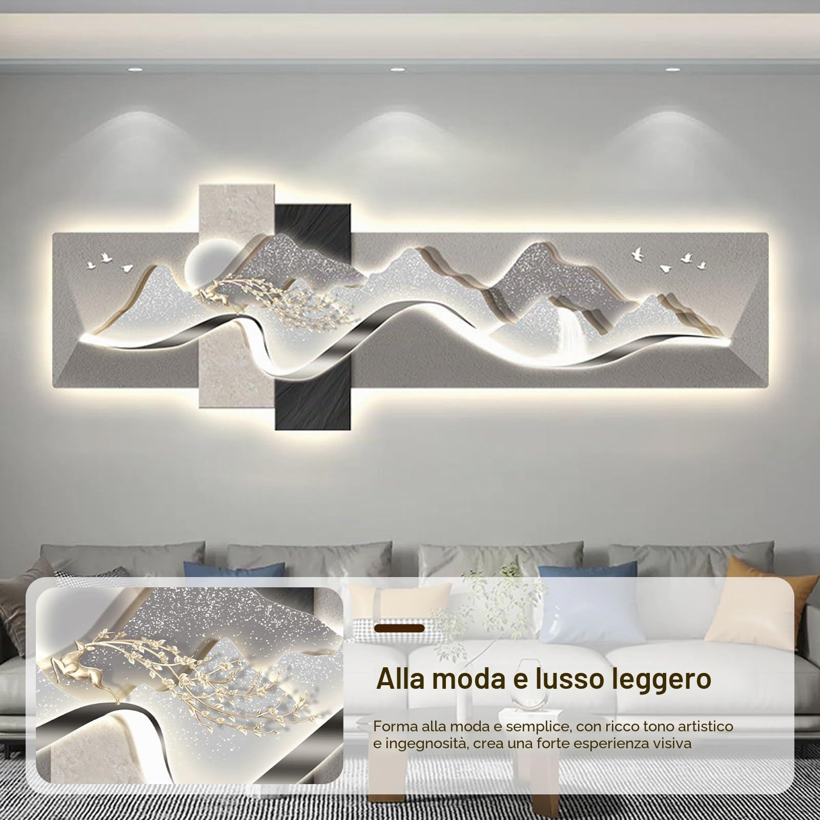Scultura Decorativa per Parete in Stile Moderno, Quadro Decorativo in Rilievo 3D con LED, Adatta per Soggiorno, Camera da Letto, Ufficio, corridoio(D,75 * 25cm/29.5 * 9.8in)