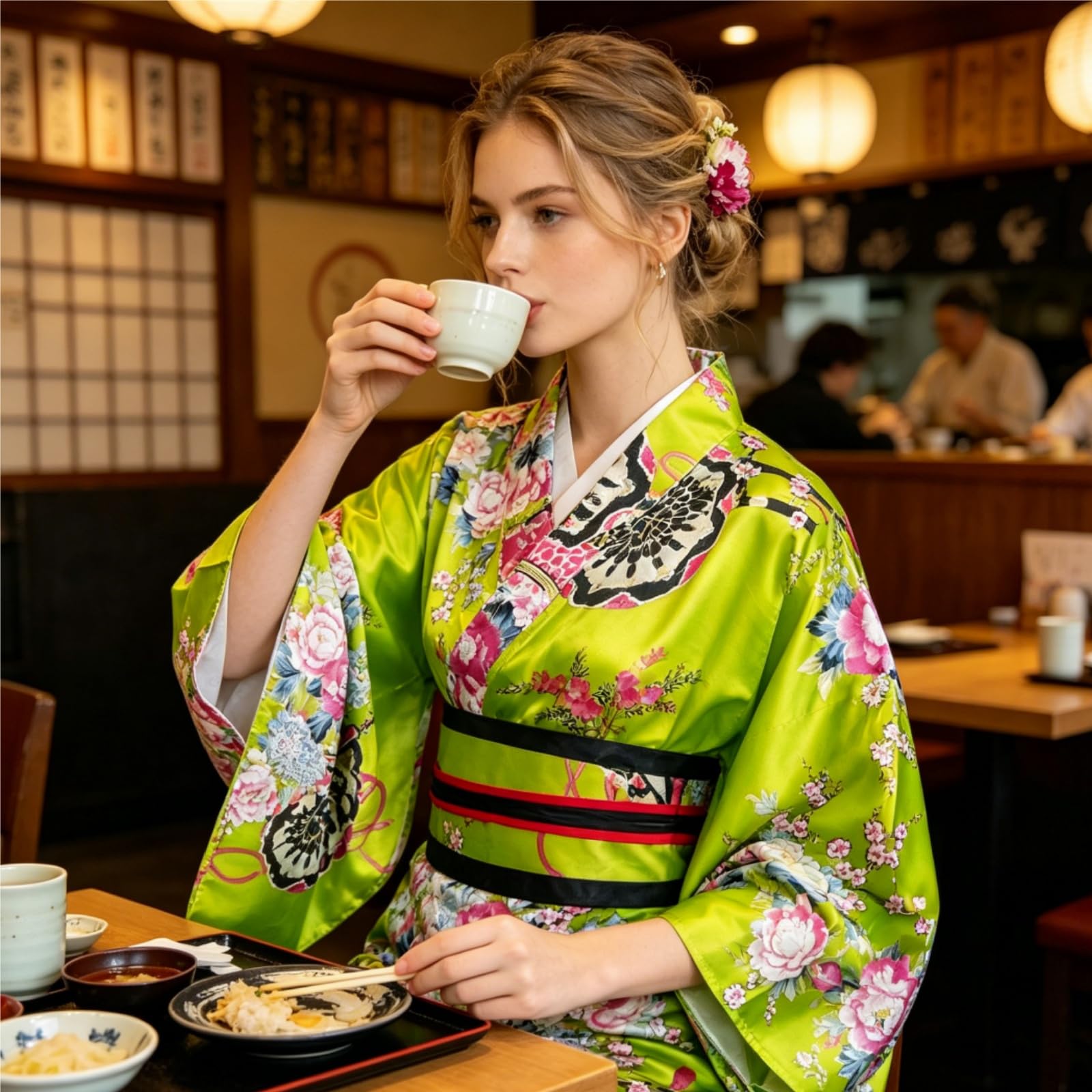 5 Pièces Kimono Japonais Femme, Tenue de Yukata Style Set avec Éventail, Maske, Cheveux, Carnaval Costume, pour Fête ou Spectacle