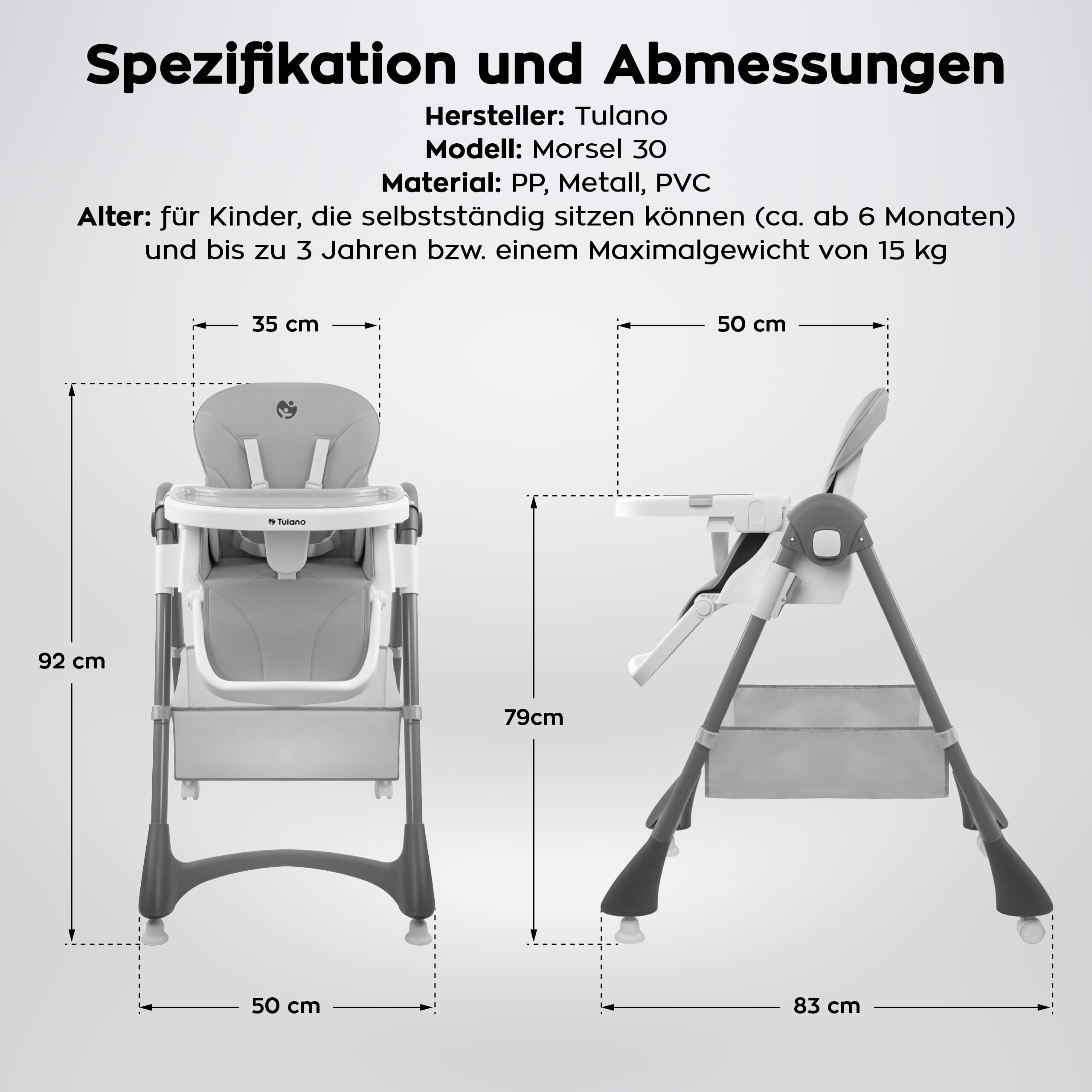 Tulano Morsel 30 Hochstuhl Baby, höhenverstellbar, klappbar, mit Tablett, 5-Punkt-Gurt, abnehmbares Tablett spülmaschinenfest, für Babys ab 6 Monate, Kinderhochstuhl Grau