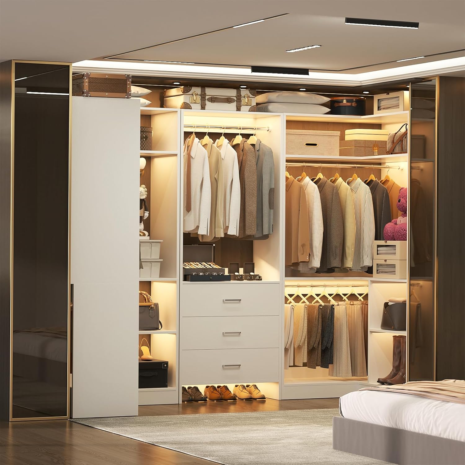 Aheaplus Closet System with 3 Drawers, 5 Hanging Rods & Corner Tower, Corner Closet System with Hanging, 88.8" U-Shaped Walk-In Wardrobe Organizer, 2000+ lbs Capacity, Set of 3,White