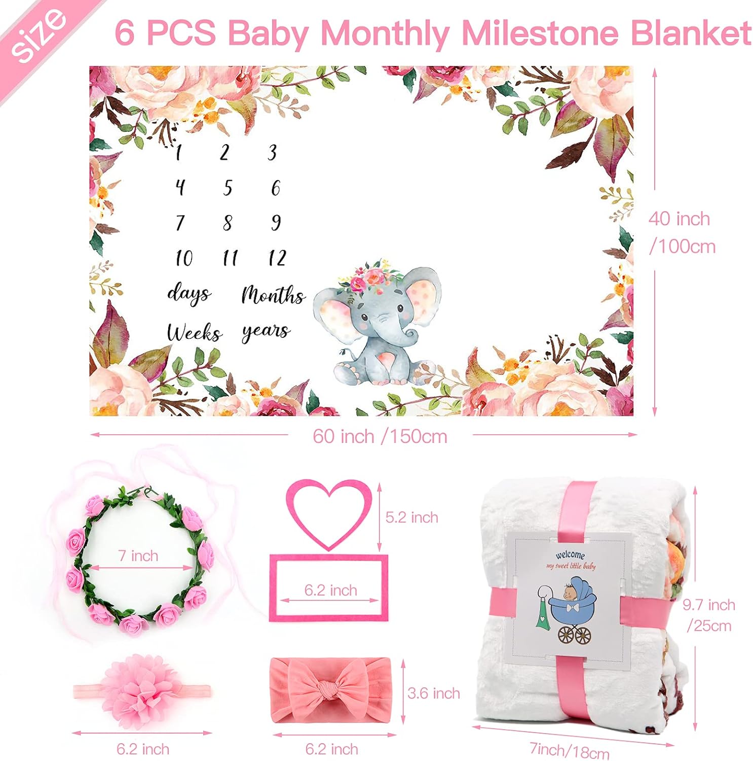SPOKKI 6 PCS Baby Monthly Milestone Blanket Girl, 60''x40''Fleece Monthly Blanket Newborn with Headband for Photography Background Prop and Mom Nursery Shower Gift (Pink) - Image 2
