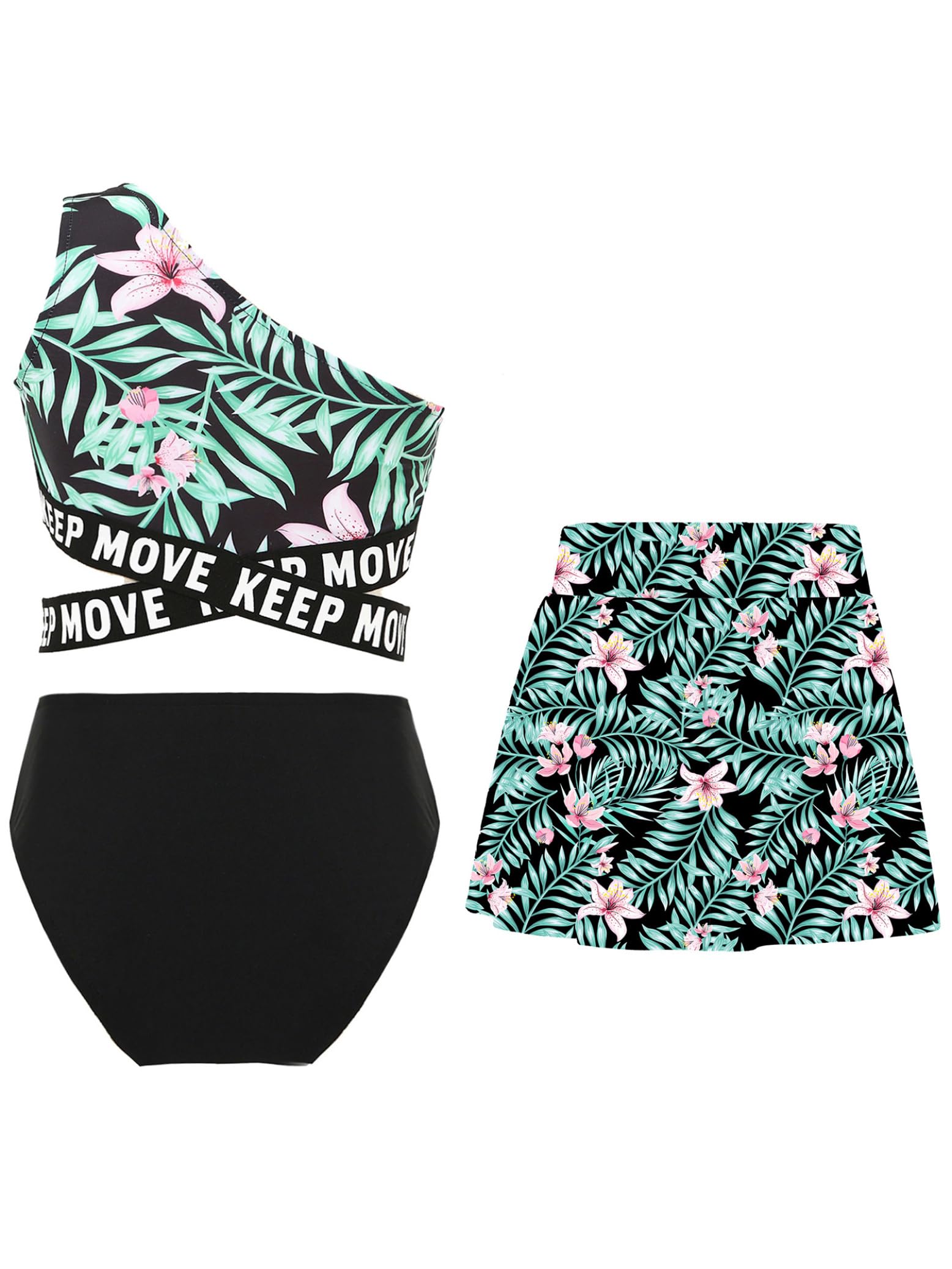 Eandarui Kids Girls 3Pcs Single Shoulder Criss Cross Crop Top Swimsuit with Brief and Beach Skirt Bathing Suit Black 14 Years