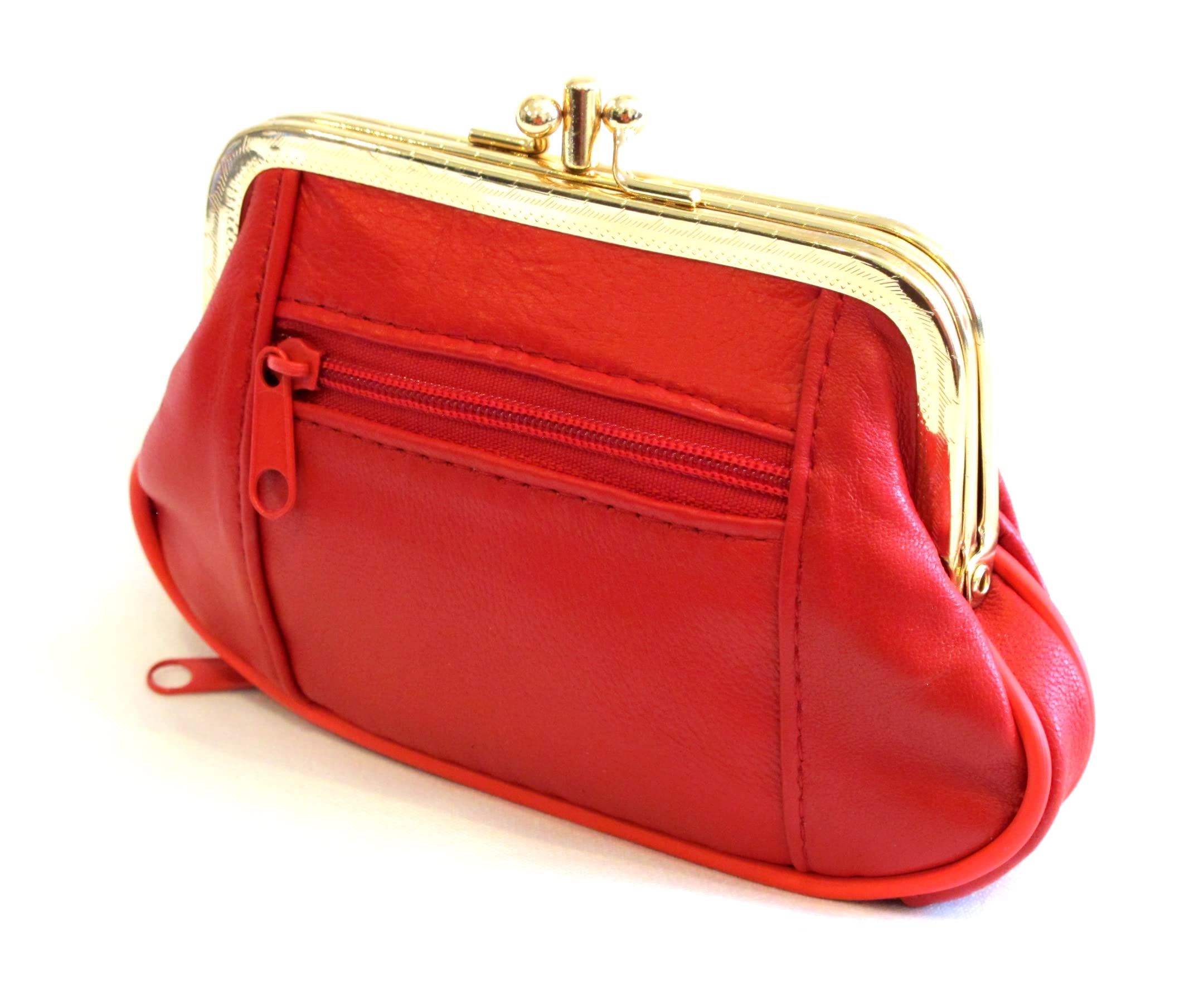 Womens Leather Mini Wallet ID Credit Cards Cash Coin Holder Case Organizer Purse with Framed & Zipper Closures - RED, (COIN03-RED)