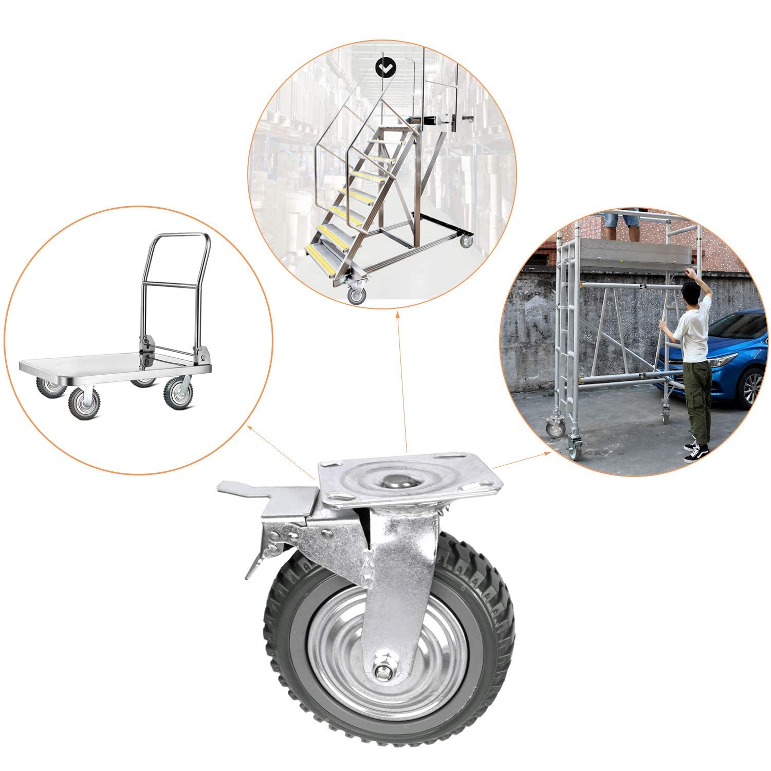 Nisorpa 4 ruote girevoli da 150 mm con freno, girevoli a 360°, in gomma piena, portata 1000 kg (2 ruote girevoli, 2 ruote freno)