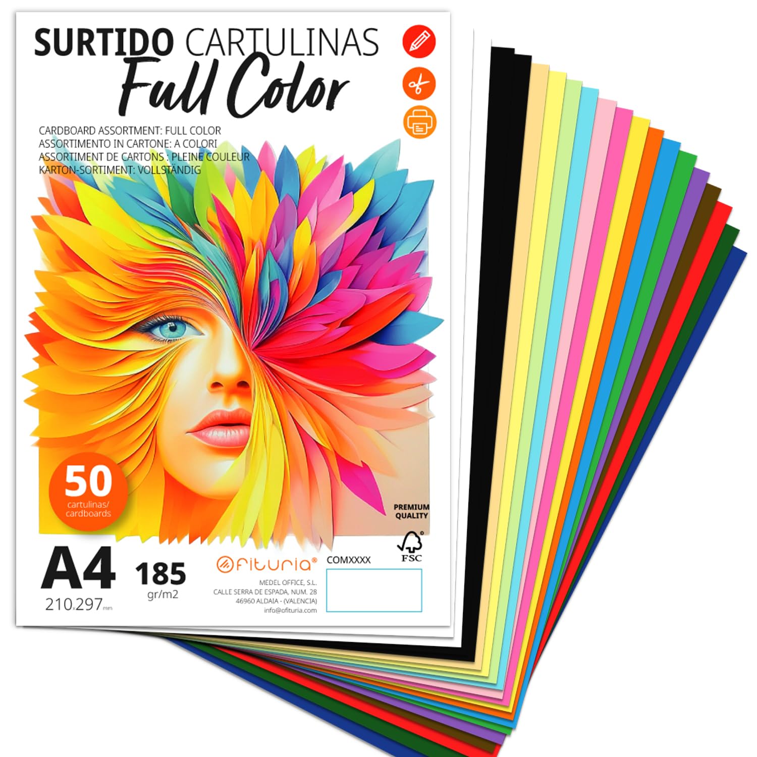 A4 Cardstock, Coloured Cardstock, 185 g/m2 Card Stock for Crafts, Education, Home, Art or Business, Assorted A4 Coloured Cardstock – Ophituria (50 Cardstocks, Full Colour Assortment)
