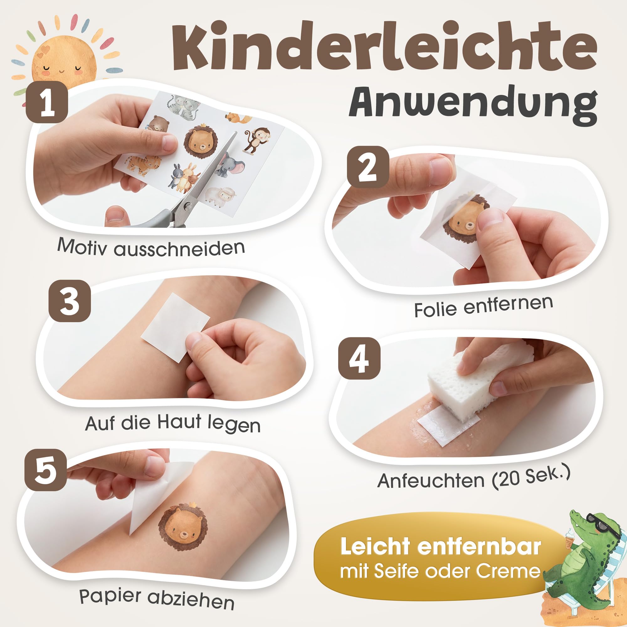 EULENTALER® Kinder Tattoo I Von Pädagogen empfohlen I 100x hautfreundliche Kindertattoos mit süßen Tier-Motiven [Dermatest: Sehr Gut] Made in Germany I Geschenk für Kinder inkl. Gratis Ausmalbilder - 4