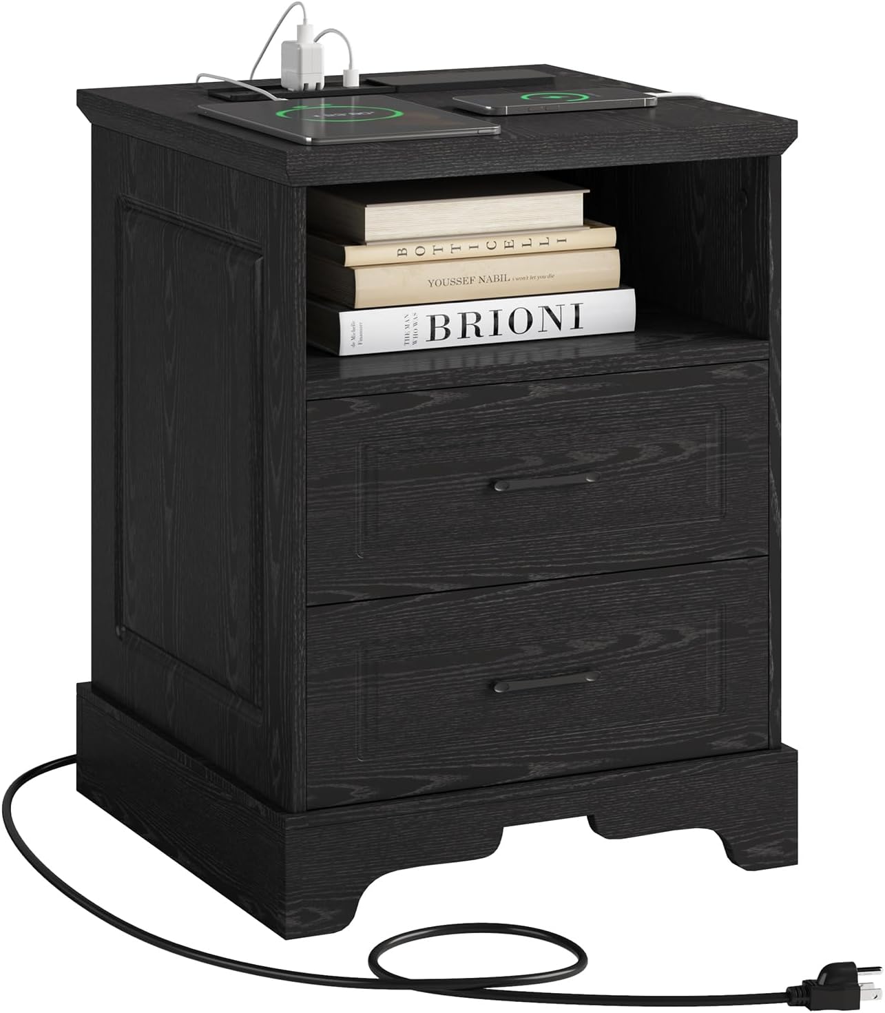Farmhouse Nightstand with Charging Station, 18 inch Wide Night Stand with Drawers and Storage, Square Bedside Side End Table, for Bedroom, Living Room, Office, Black