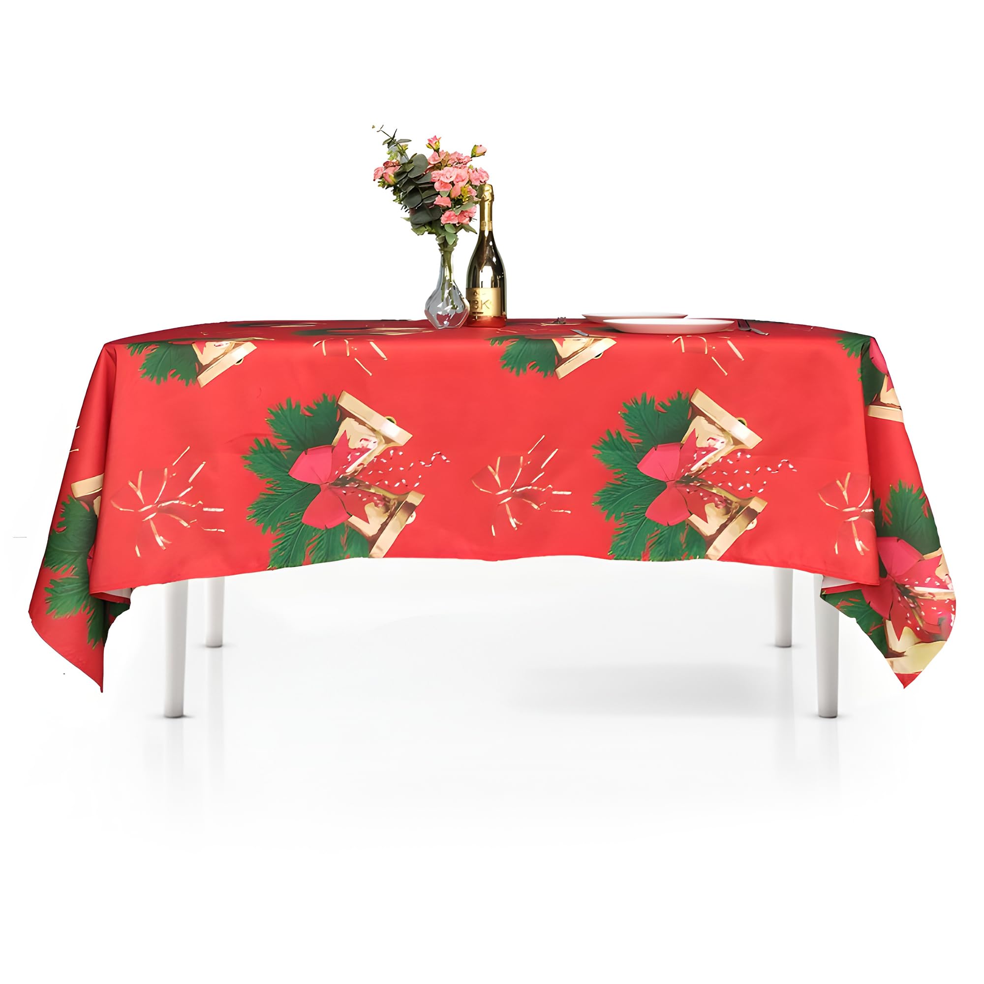 WedDecor Christmas Table Cloth Rectangle Polyester Tablecloth with Bow Ribbon & Bell Print Red Table Cover for Christmas, Buffet, Party, Holiday Dinner (60 x 84 Inch - Red) — image 1