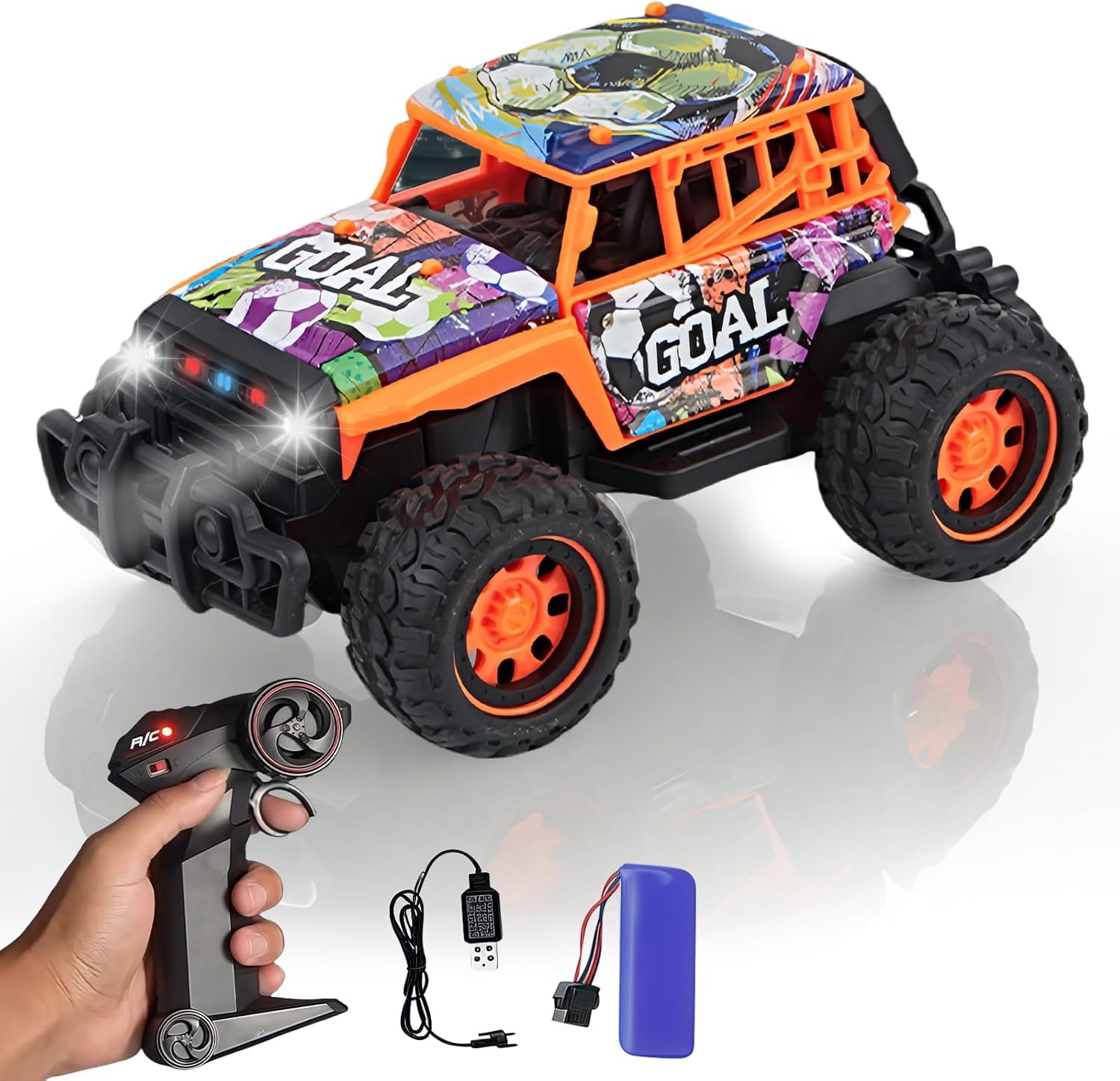 1:20 All Terrain Rc Car Toys, 20km/H Fast Off-Road Vehicle With 2.4 Ghz Remote Control, Outdoor Off Road Hobby Rc Truck With Night-Lights, Electric Vehicle For Kid, Boys, Beginner, Adults(Soccer )