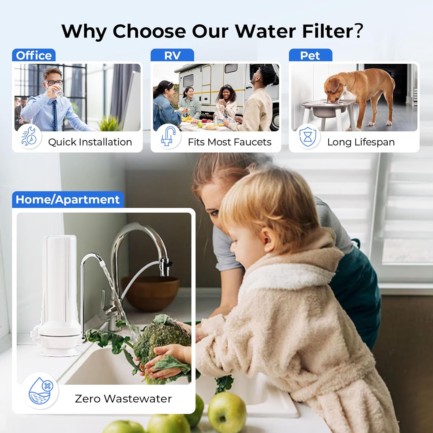 iSpring CT10-W Countertop Water Filter, Multi-Layer Faucet Water Filter System with Versatile Faucet Adapter, Reduces Heavy Metals, Bad Odor, and Chlorine, White