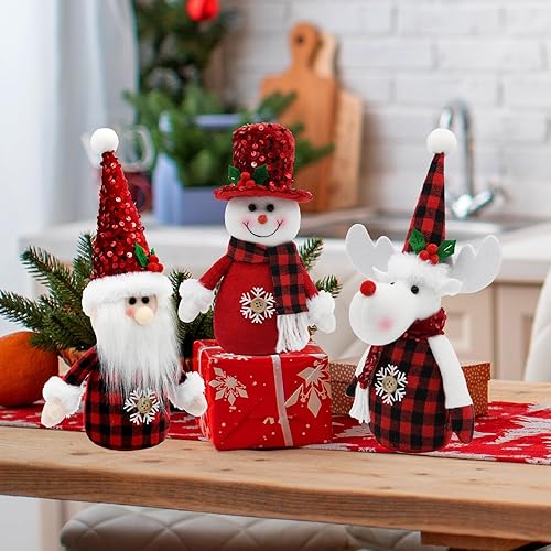 Miniatura 4 de Decoraciones navideñas a cuadros rojos para interiores, paquete de 3 figuras de muñeco de nieve de peluche, Papá Noel y renos, adornos navideños de