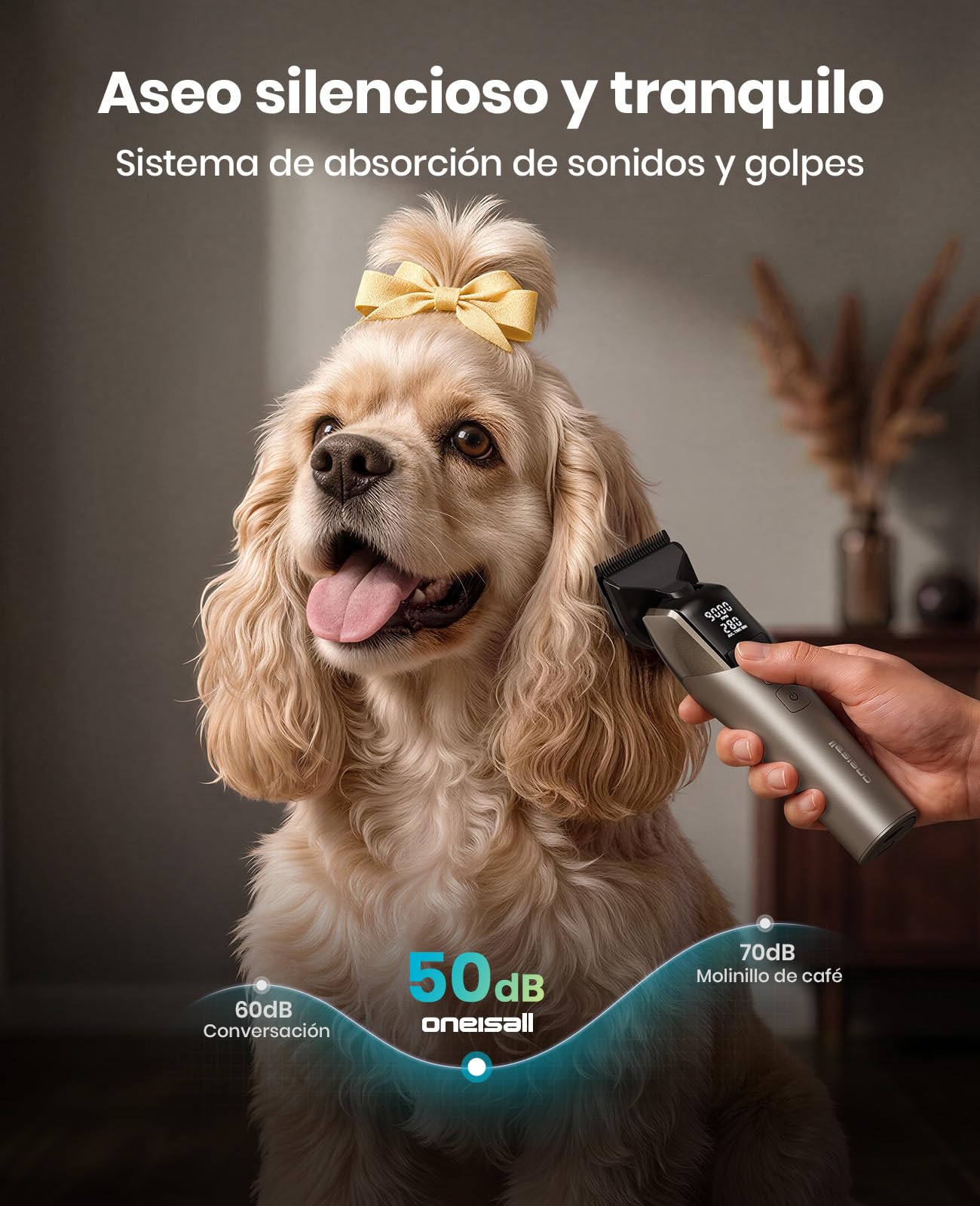 oneisall Maquina Cortar pelo Perros Profesional | 9000 RPM 5 velocidades para pelajes gruesos, cuchilla 5-en-1 DLC, autonomía de 280 min, 8 peines guía metálicos