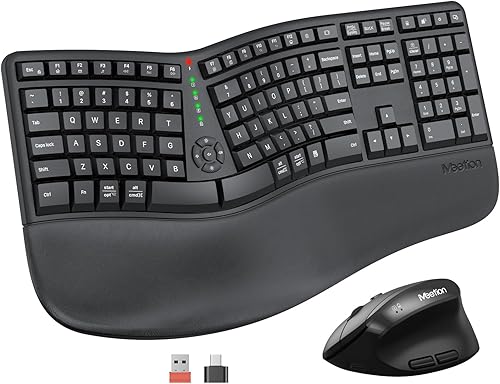 MEETION Teclado y mouse inalámbricos ergonómicos, teclado Ergo con mouse vertical, teclado dividido con muñeca acolchada, reposamanos, escritura