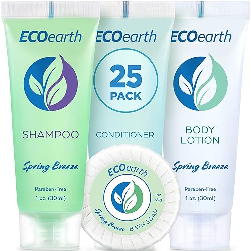 EcoEarth Paquete de artículos de tocador para hotel (brisa de primavera, 1 oz cada uno, 100 piezas) Juego de 4 piezas 25 jabón en barra redonda, 25