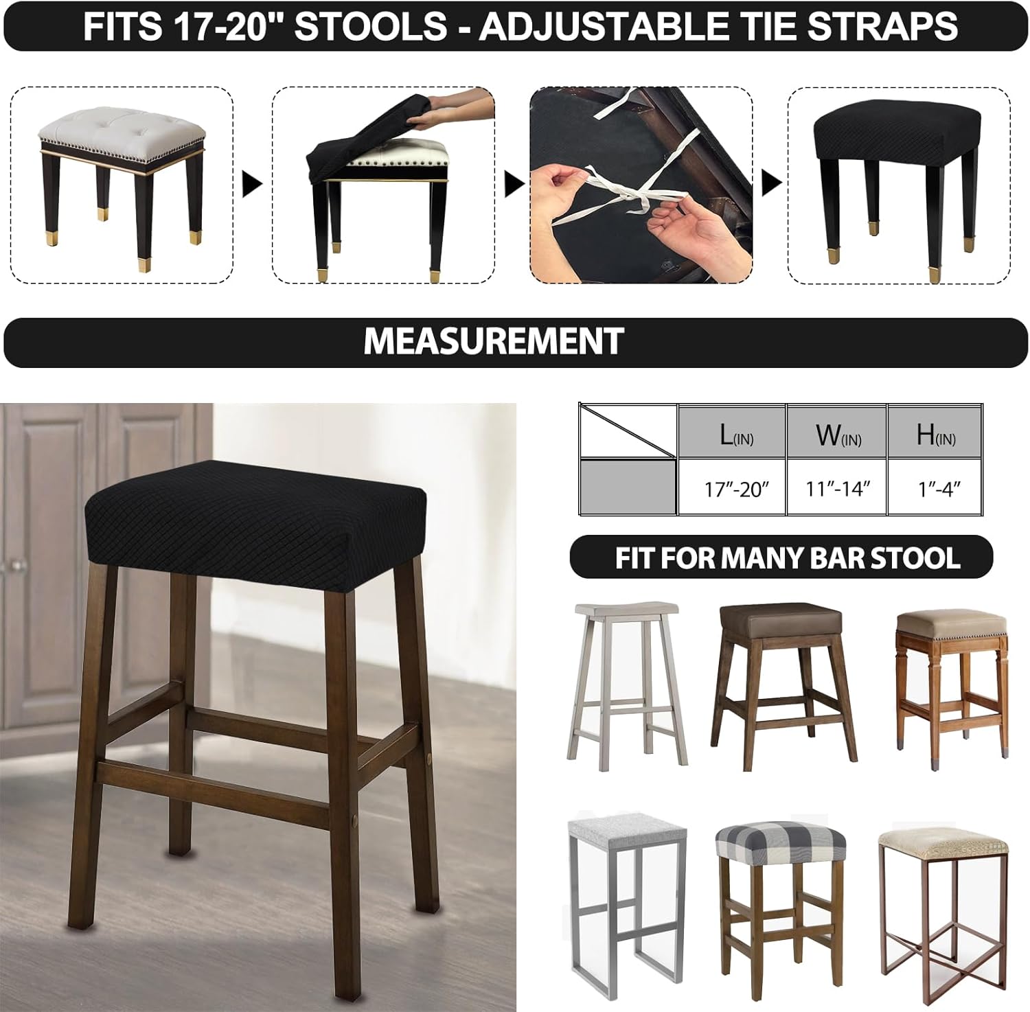 NeColorLife Rectangle Bar Stool Covers,Stretch Waterproof Saddle Seat Covers for Counter Height and Kitchen Island Chairs,Vanity Barstool Cushion Protector,Black,Pattern A,4 Pack