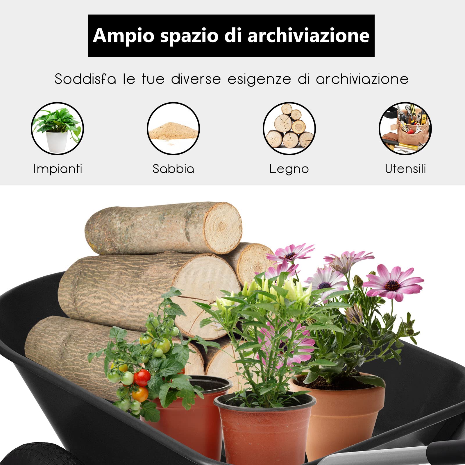 COSTWAY Carriola con 2 Ruote da Giardino, Carrello Resistente con Struttura in Acciaio Robusto, Ruote Pneumatiche 35,5 cm, Capacità 75L, Portata Max 100 kg (Nero)