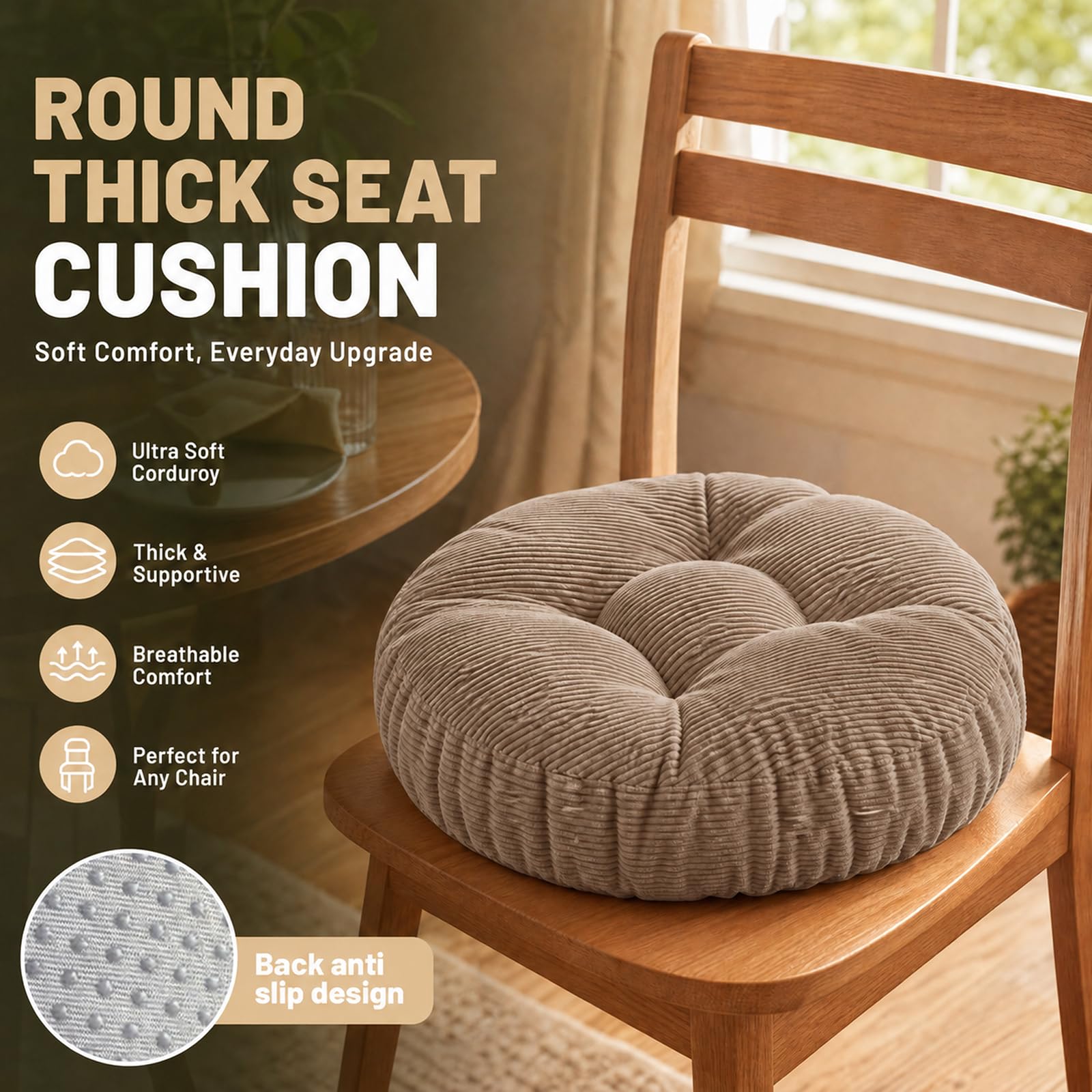 Sitzkissen Rund 65x65cm, Bodenkissen, Stuhlkissen Outdoor, Waschbare Khaki