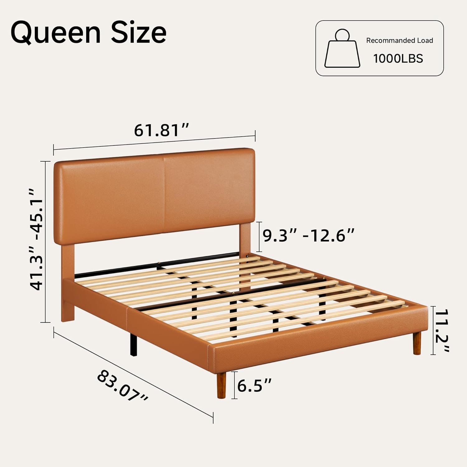 Queen Upholstered Platform Bed Frame with Headboard, Faux Leather Modern Bed Frame with Wood Slat Support, No Box Spring Needed, Easy Assembly, Orange-Brown