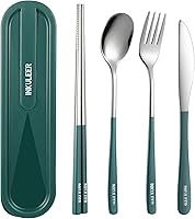 inkuleer Reusable Travel Cutlery Set: 18/8 Stainless Steel Fork, Spoon, Chopsticks & Knife with Portable Case for Camping, Office, Lunch (Green)