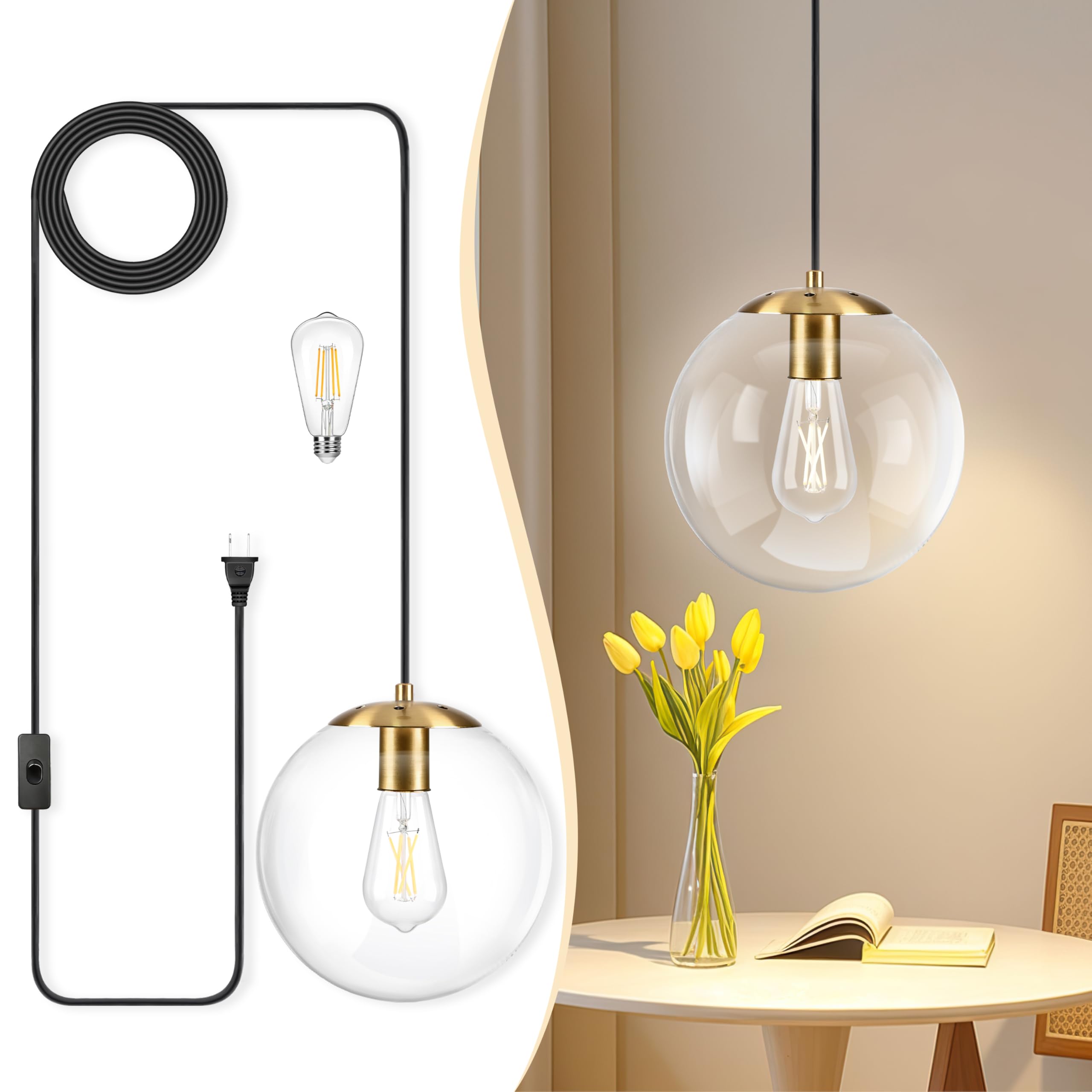 KoKo&Yukina 10" Globe Pendant Light Gold Plug in Pendant Light Adjustable Hanging Lights with Plug in Cord Brushed Gold Finished with Clear Glass Lampshade for Bedroom Kitchen Island?Bulb Included?