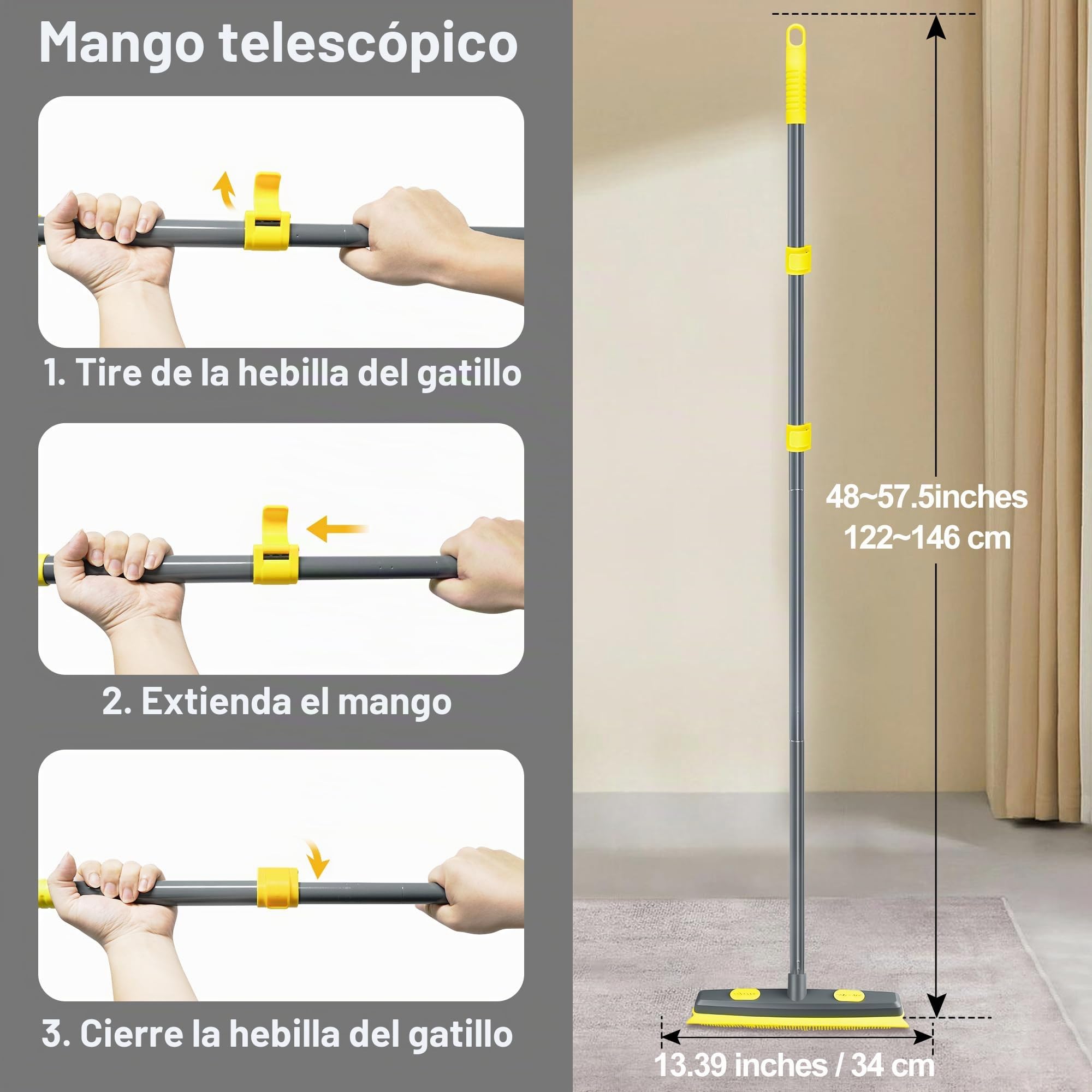 NEWE Escoba de Goma con Removedor de Pelusa Portátil y Rascador Silicona para, 146 cm Mango Cepillo Rastrillo para Limpiar Alfombras, Ventanas, Azulejos