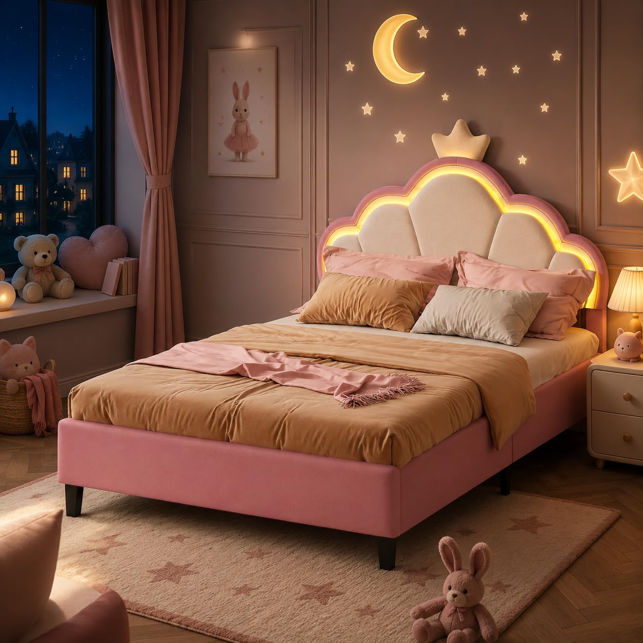 LIVLUX 4ft6 Double Pink Velvet Princess Bed, Upholstered Girls Bed with LED Crown Headboard, Height Adjustable Bed 135x190 cm, Wooden Slatted Base