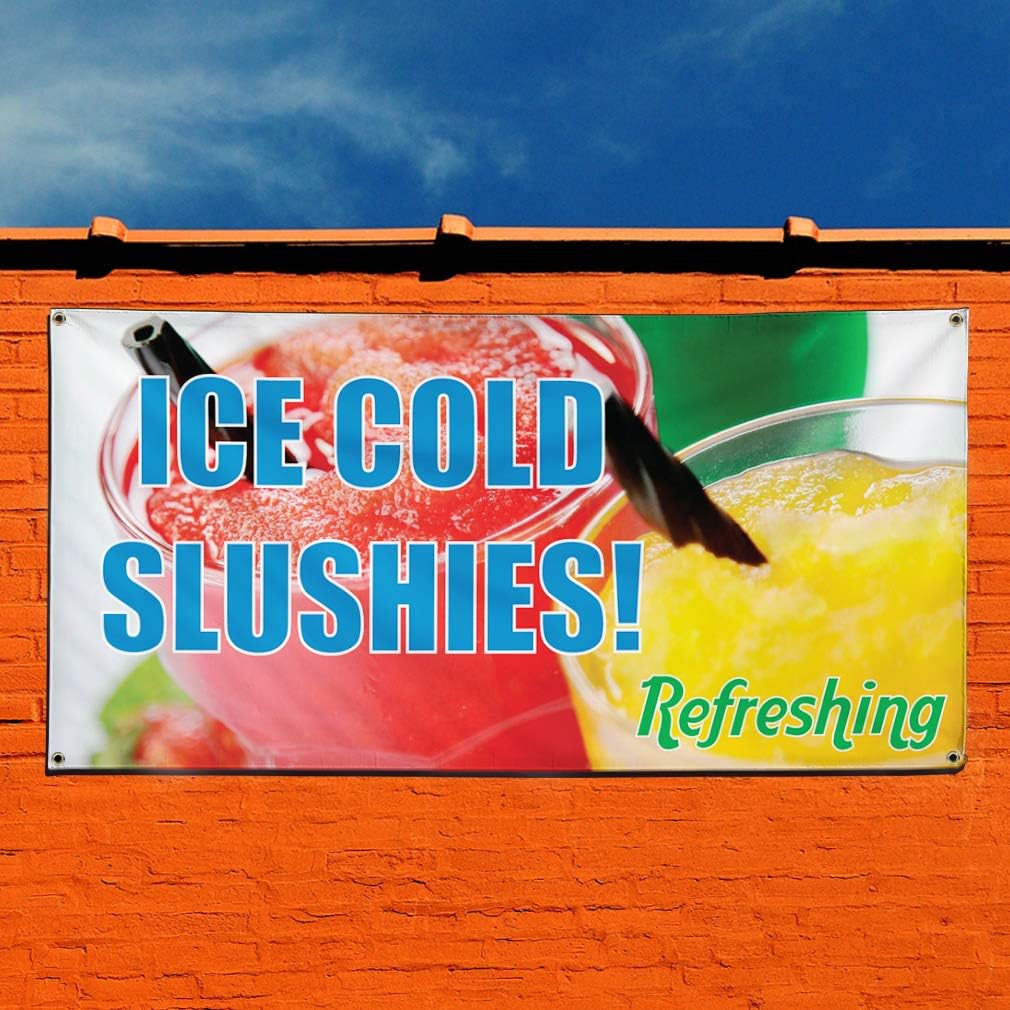 Vinyl Banner Sign Ice Cold Slushies! #1 Style A Slushies Marketing Advertising Aqua-Blue - 24inx36in, 4 Grommets, Set of 2