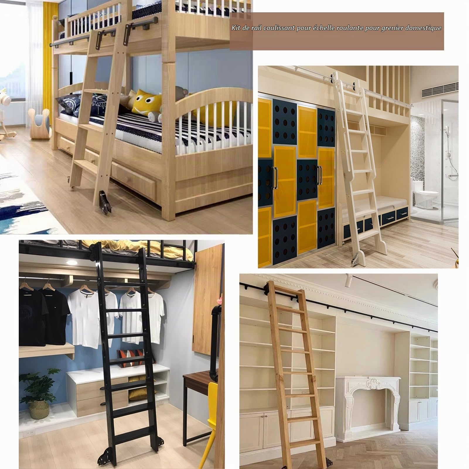 Support de Rail d'échelle de bibliothèque roulante rétractable (sans échelle), kit de matériel d'échelle coulissante Noire, Rail/Rail d'échelle Mobile pour loft/étude/Salon avec po