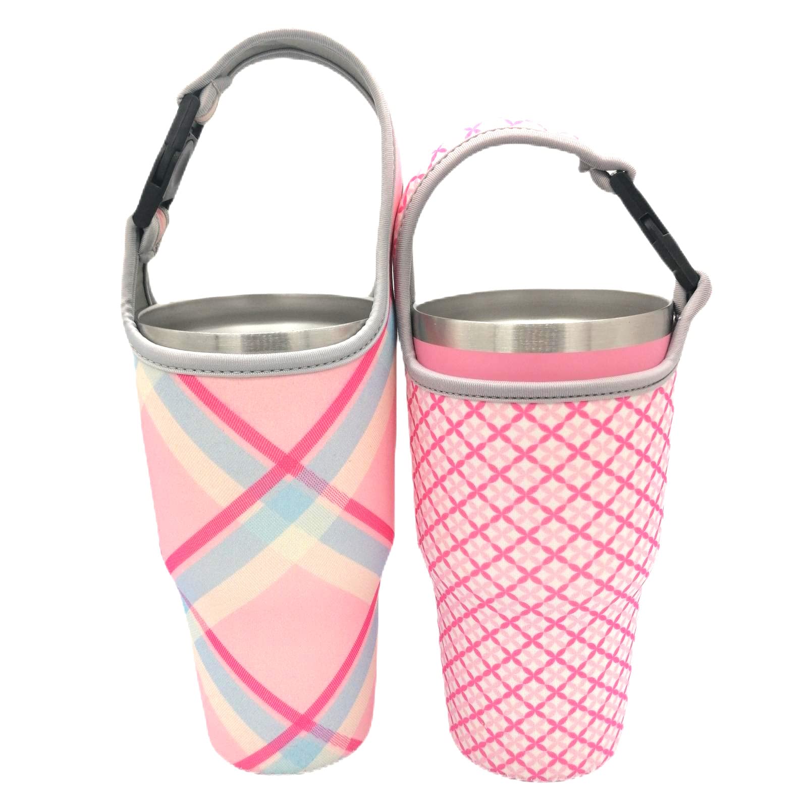 2 Pack Tumbler Carrier Holder Pouch for All 20-30oz Stainless Steel Travel Insulated Coffee Mug, Suitable for Yeti Stanley Ozark Trail Beast Rtic, Neoprene Sleeve with Carrying Handle Reusable Pink