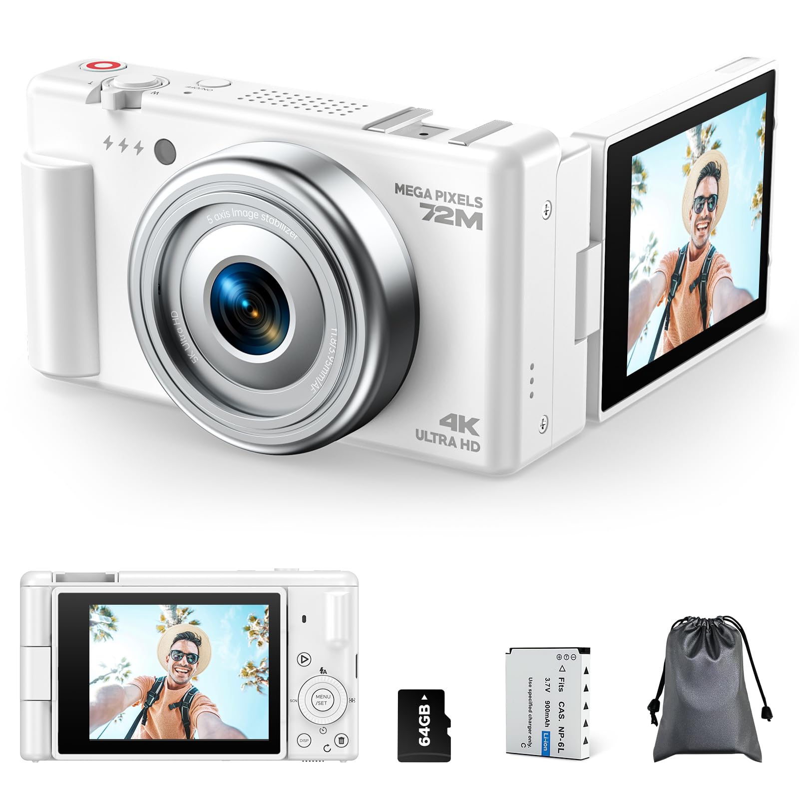 CAMWORLD AC18DC Digital Camera in use for vlogging, showing date stamp and pause/restart functions.