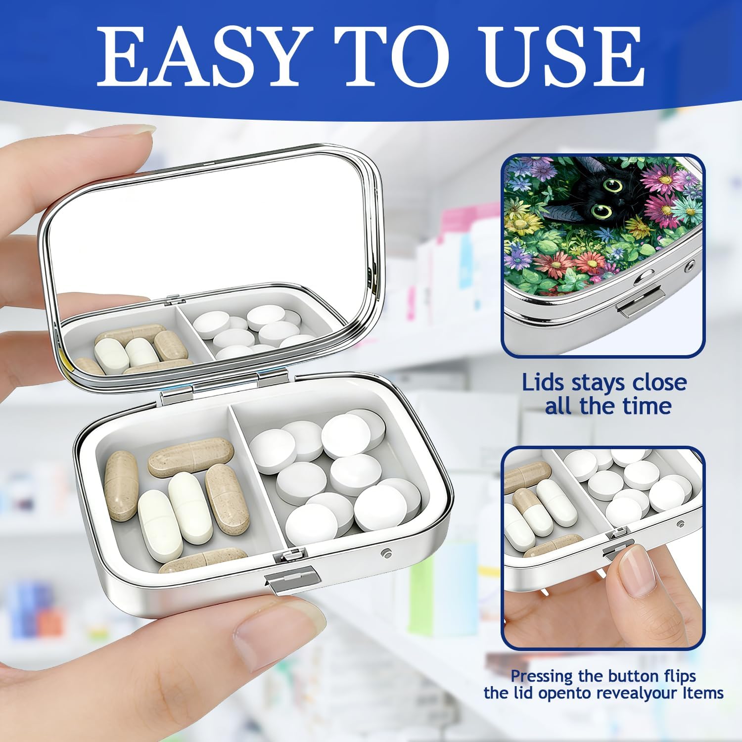 Garden Cat Pill Box 2-Compartment Small Pill Case Square Organizer Case with Mirror Portable Metal Medicine Box Travel Container for Women Men image 4