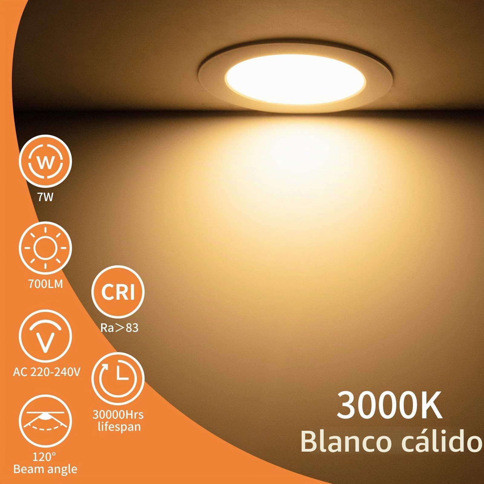 Tomosu Downlight LED Techo Empotrable 7W,Blanco Cálido 3000K Corte 95-105mm | Pack de 20, IP44 Focos LED Interior Baño 7W 700LM, AC 220-240V,Diámetro 118mm, Ojos de Buey Led para Techo Extraplano Redondo