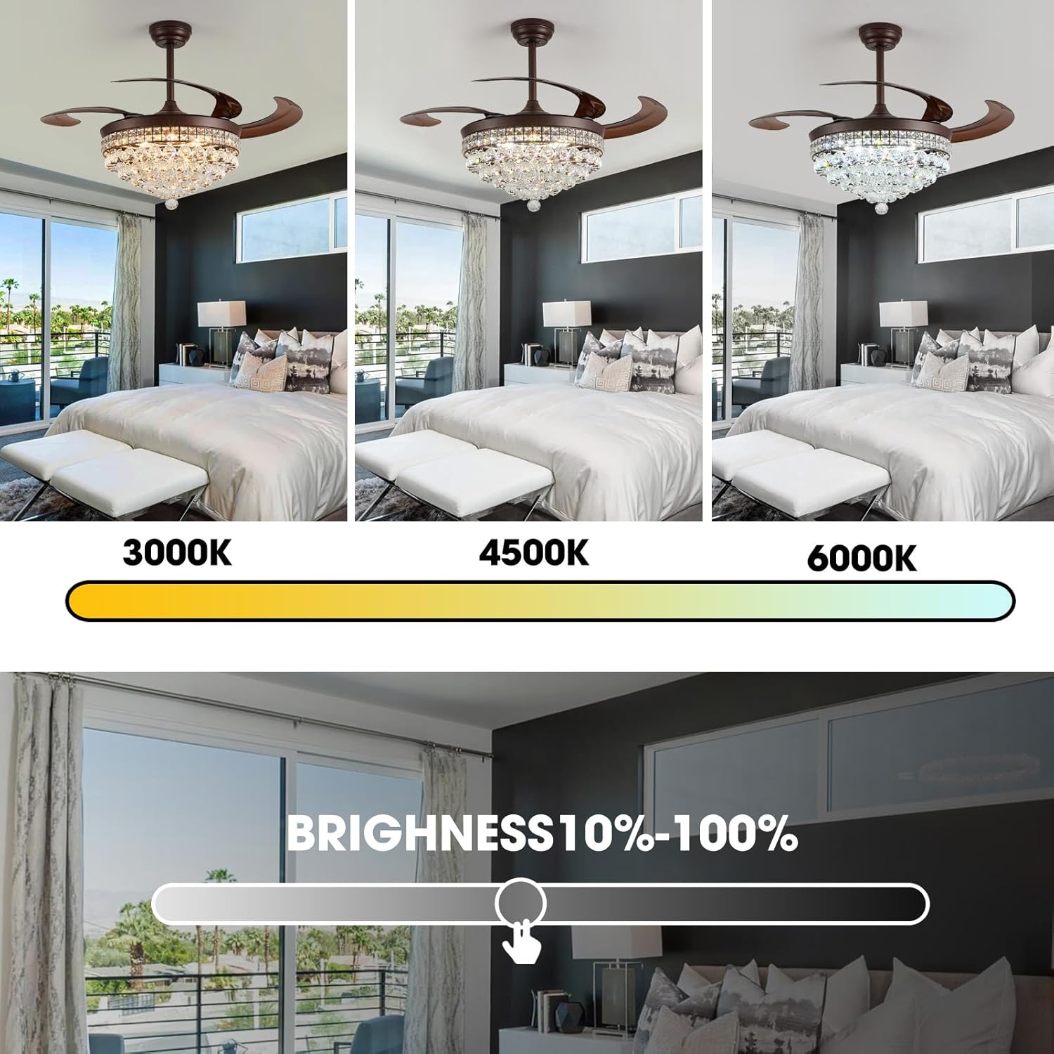 48" Chandelier Ceiling Fan - Crystal Fandelier, Retractable Ceiling Fan with Light, Remote and App Control, 3 Color Dimmable LED, Reversible DC Motor, for Bedroom, Living Room (Brown)