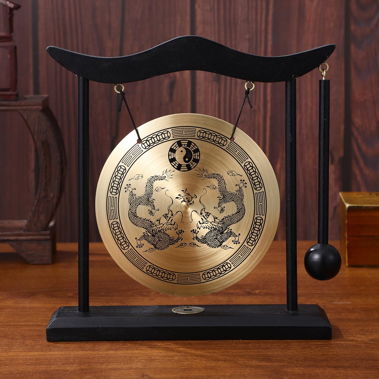 Vaguelly Gong con soporte de madera, pequeña mesa decorativa, timbre de gong, diseño de dragón, instrumento de percusión chino, decoración para el hogar, la oficina