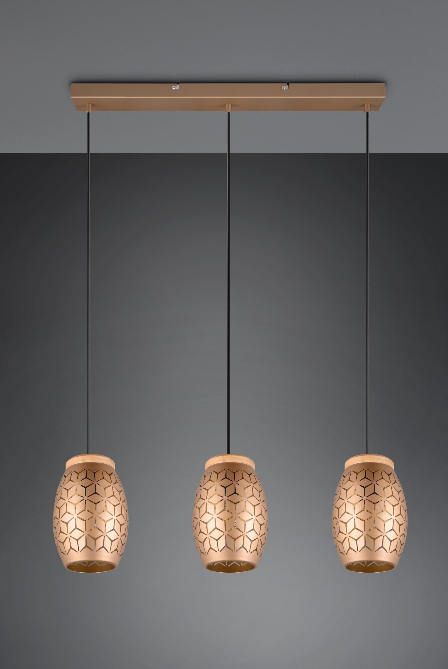 Reality Leuchten Pendelleuchte Bidar R31573065, Metall Coffee/Goldfarbig, Holz naturbelassen, exkl. 3x E27