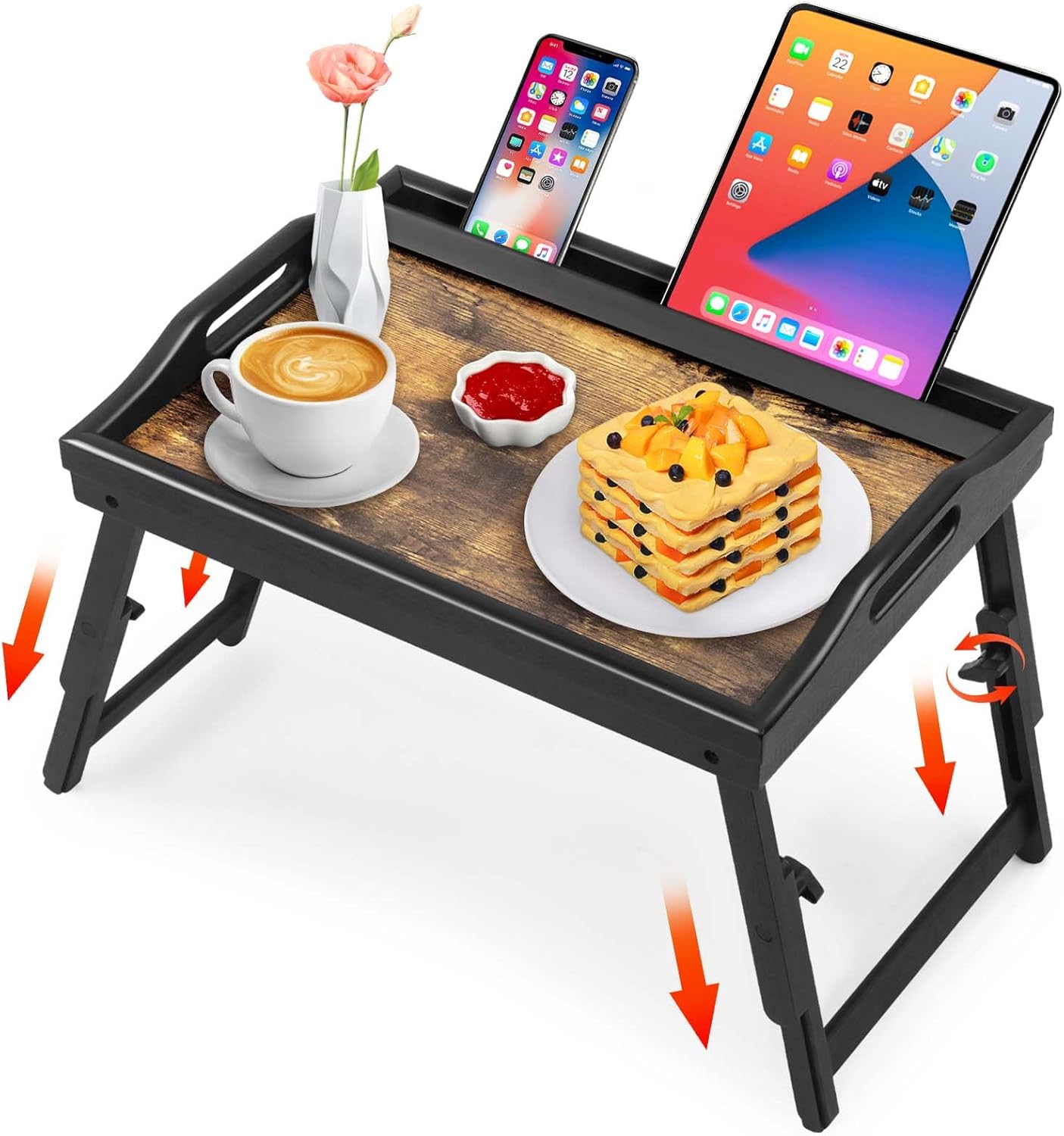 2 Pack Bed Tray Table with Adjustable Legs Breakfast Trays Serving Tray Bamboo Bed Laptap Floding Legs with Handles and Phone Holders