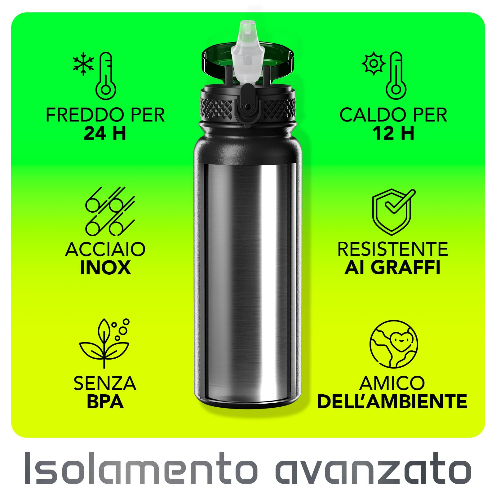 Mont-Clair Borraccia in Acciaio Inossidabile con Cannuccia - 600ml - Borraccia in Metallo senza BPA - Bottiglie d'Acqua per Bici Campeggio Sport - Disegno Brevettato - Nero