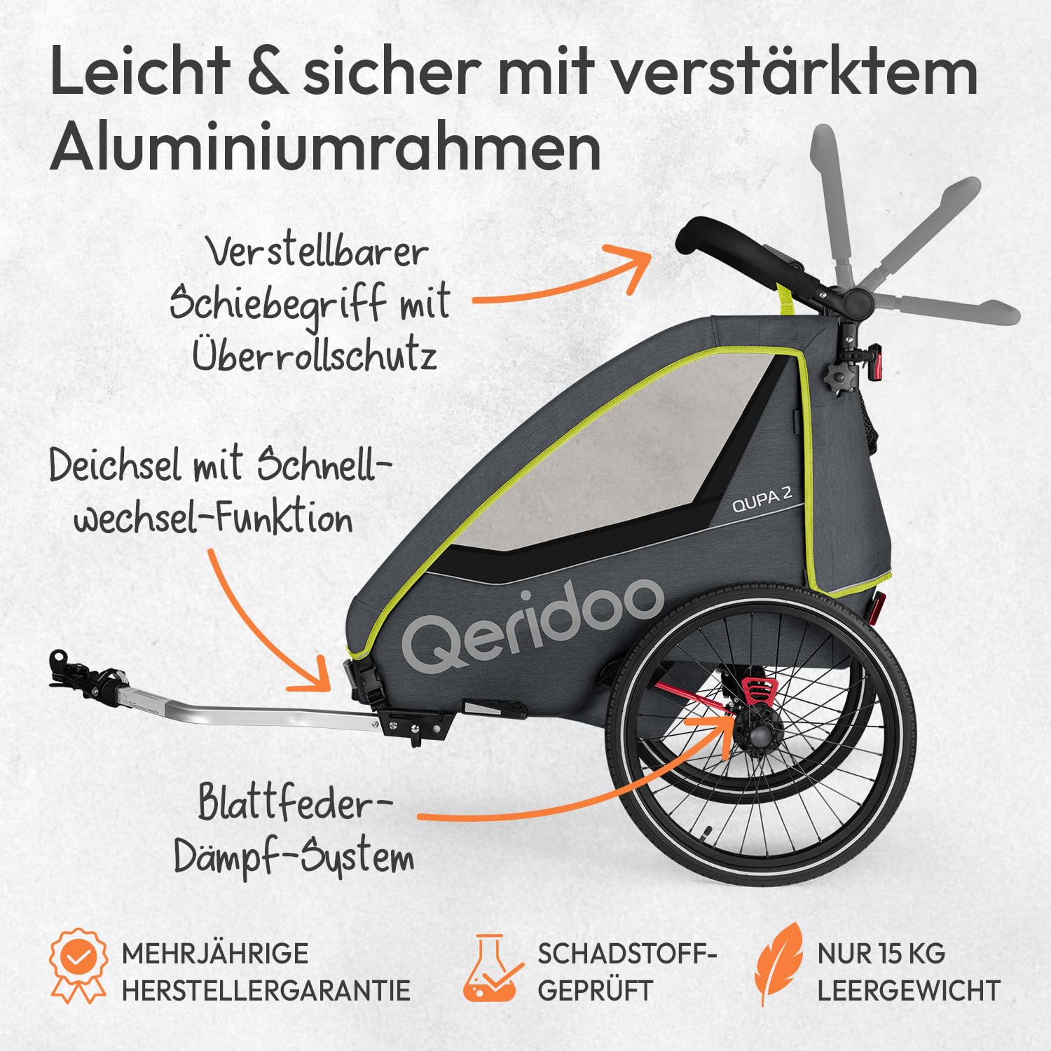 Qeridoo QUPA 2 | Fahrradanhänger 2 Kinder | Kinder Fahrradanhänger mit Blattfederung & Handparkbremse | Jogger Kinderwagen | Kinderfahrradanhänger klappbar | Fahrrad Anhänger