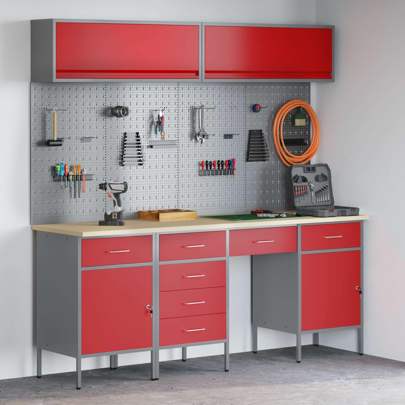 Gecheer Mobile da Lavoro Professionale, Armadietto Utensili in Acciaio e Legno Ingegnerizzato con 3 Cassetti, 650 kg capacità di Carico per Garage, Officina, Spazi di Lavoro